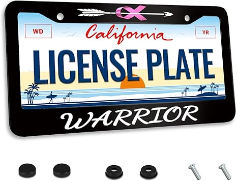 Breast Cancer Awareness Warrior License Plate Frame Pink Ribbon for Car Decorative Parts Stainless Steel License Plate for Standard Us Canada License Plate Holder 12x6 Inch