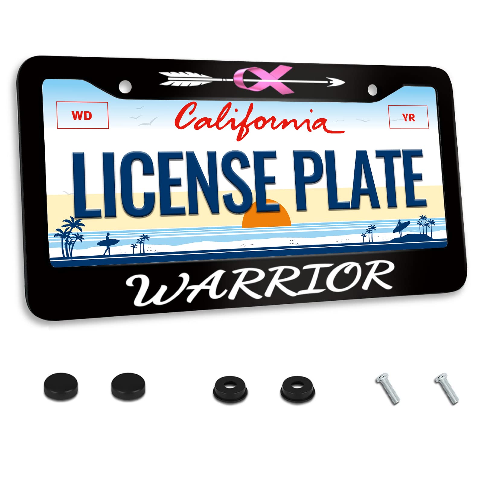 Breast Cancer Awareness Warrior License Plate Frame Pink Ribbon for Car Decorative Parts Stainless Steel License Plate for Standard Us Canada License