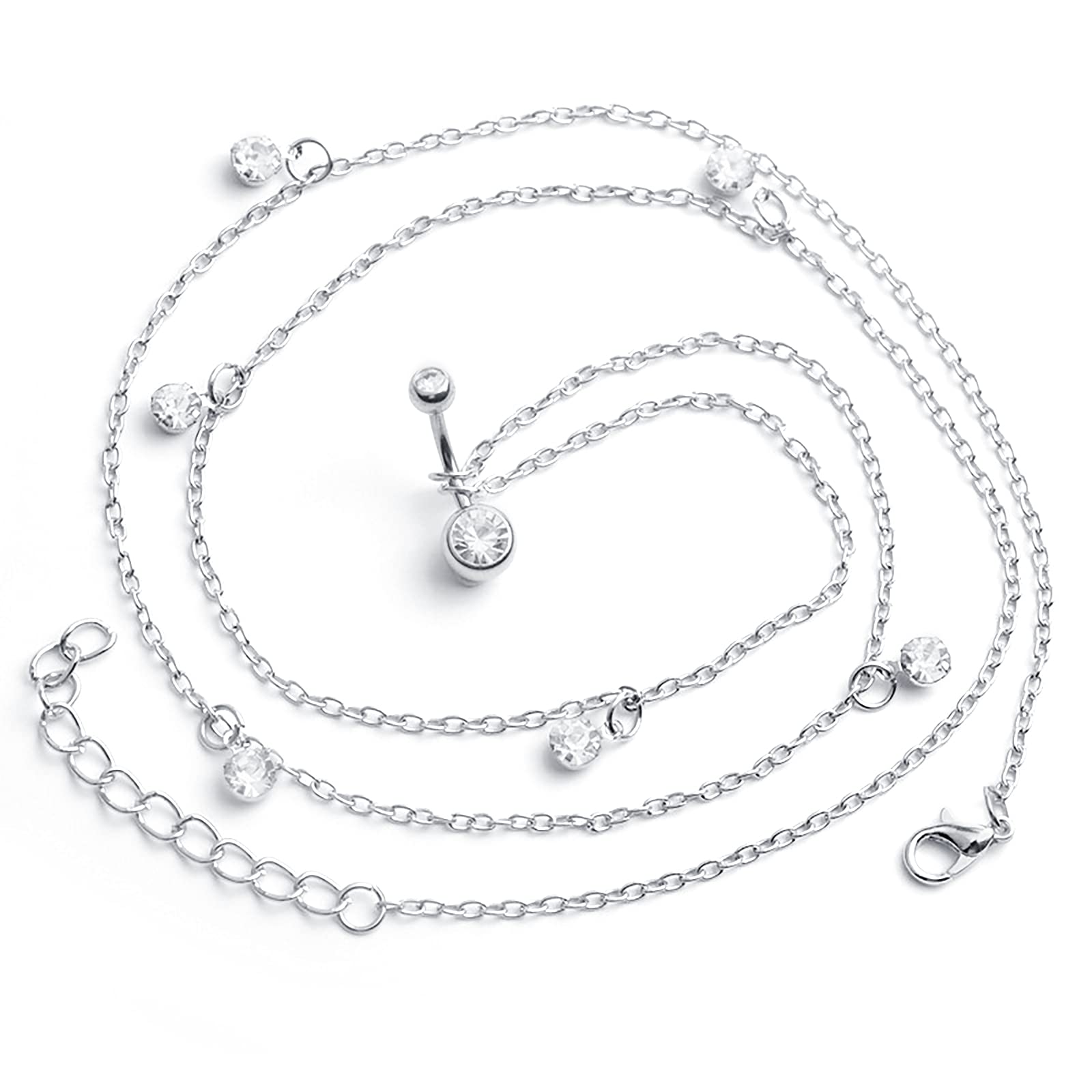 Crdifu Anillo de Plata para Ombligo con Cadena 14G 10 mm Piercing de Cristal para Barra de Ombligo de Acero quirúrgico