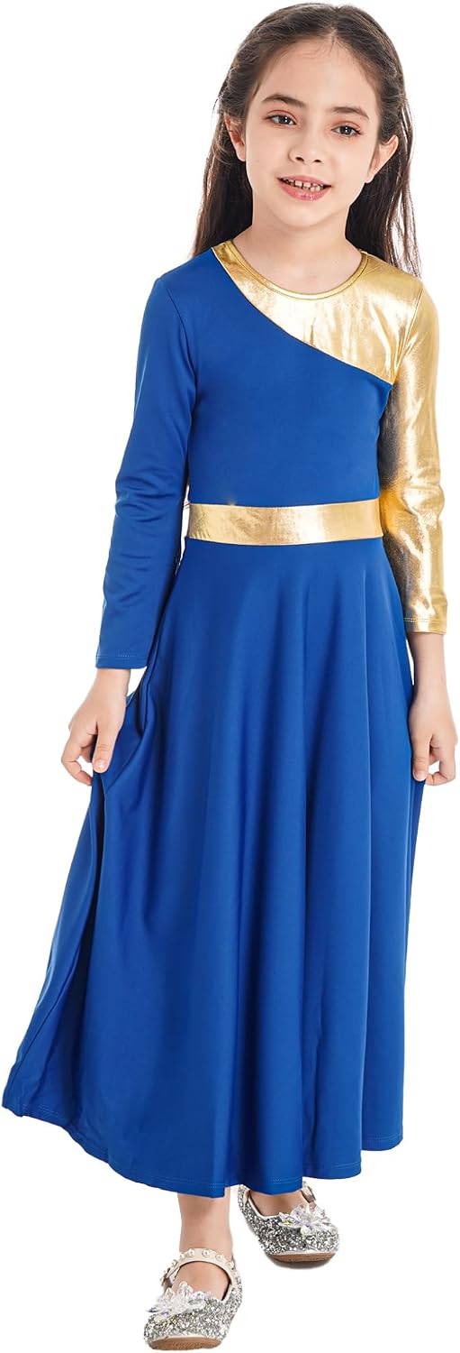 Hansber Kids Girls Metallic Praise Dance Dress Long Sleeve Color Block Church Robe Full Length Worship Gown