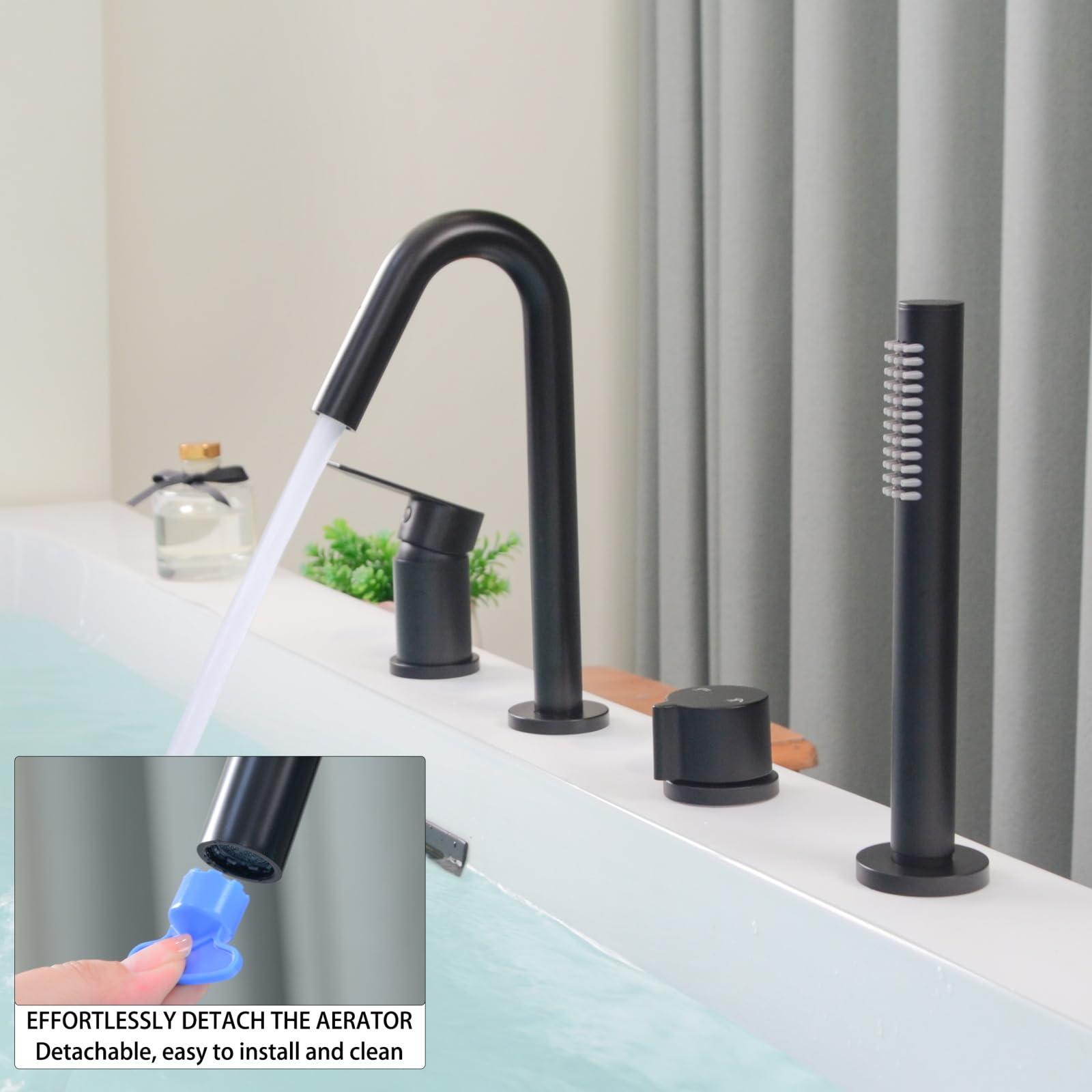 Grifo Bañera 4 Agujeros, Baño Ducha Mezclador con Ducha de Mano, 4 Orificios Grifo de Bañera con Giratorio de 360°, Para Borde de Bañera, Negro, 20Y3OK