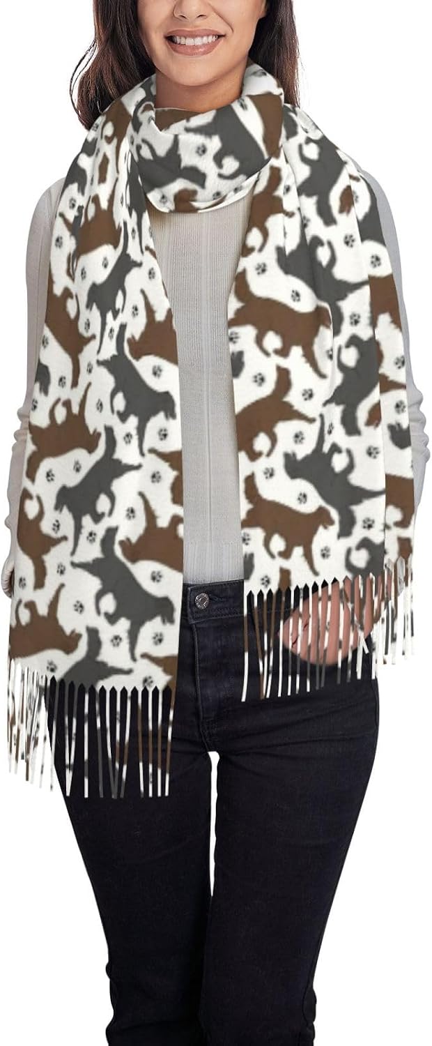 Trotting Flat Coated Retrievers Paw Print Fashion Fringed Scarves Soft Feeling Lightweight To Any Outfit All Seasons Clothing Accessory