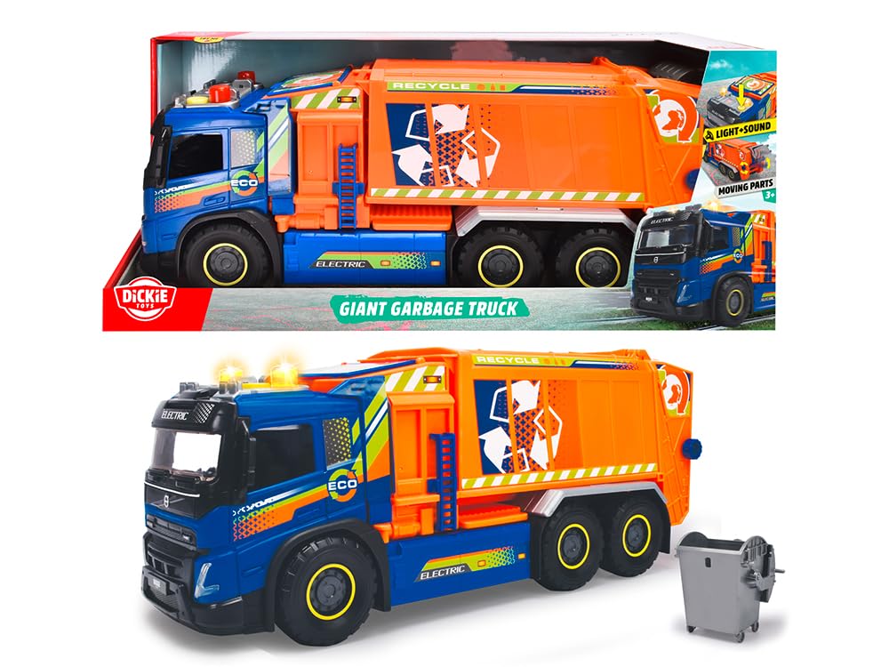 Dickie Toys Volvo FMX Urban Recycling Truck Freewheel Light Sound Manual Lift Container Moving Parts Folding Tailgate Trash Bin 55cm