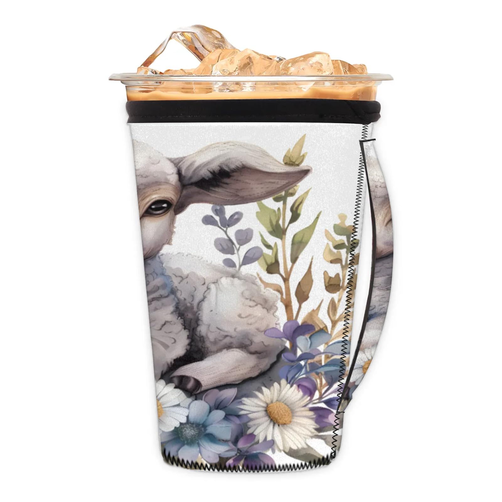 Alpaca Flower Reusable Neoprene Coffee Sleeve with Handle Insulated Iced Coffee Cup Holder Reduces Condensation Fits 24-28 oz Cups M