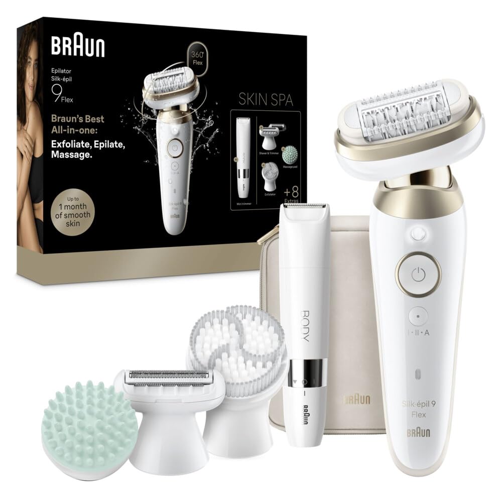 Braun Silk Epil 9 Flex SkinSpa Depilator elektryczny dla kobiet Elastyczna głowica 360° do prostej depilacji, golarka elektryczna dla kobiet, długotrwała gładka skóra, mokra i sucha, z mini trymerem