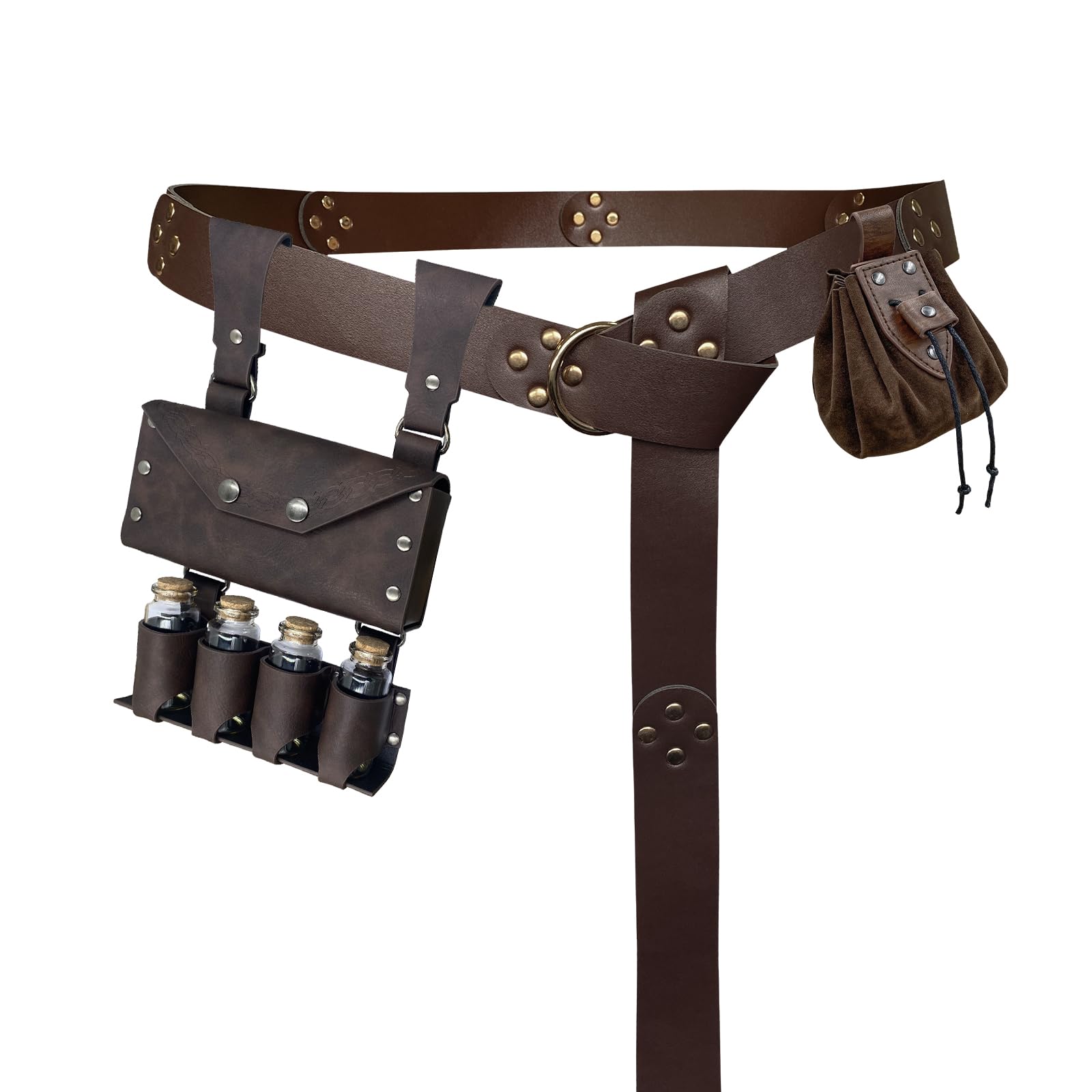 EpicCos 3PCs Alchemy Belt Bag Set, Vintage Embossed Belt with Fantasy belt Pouch Dice Bag, Medieval accessories for Ren Faire (Brown B)