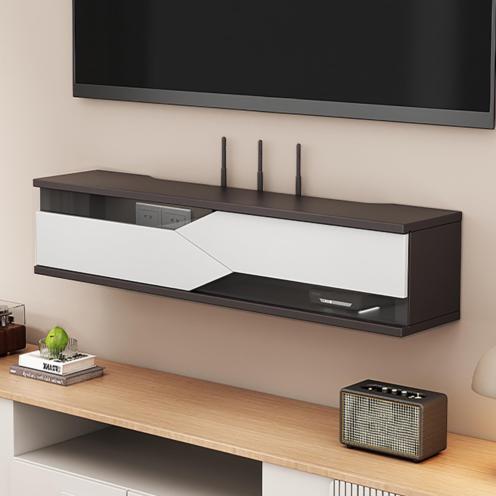 Étagère murale pour routeur WiFi – Organisateur de câbles en bois avec cache multiprise – Solution de rangement peu encombrante pour la maison et le bureau