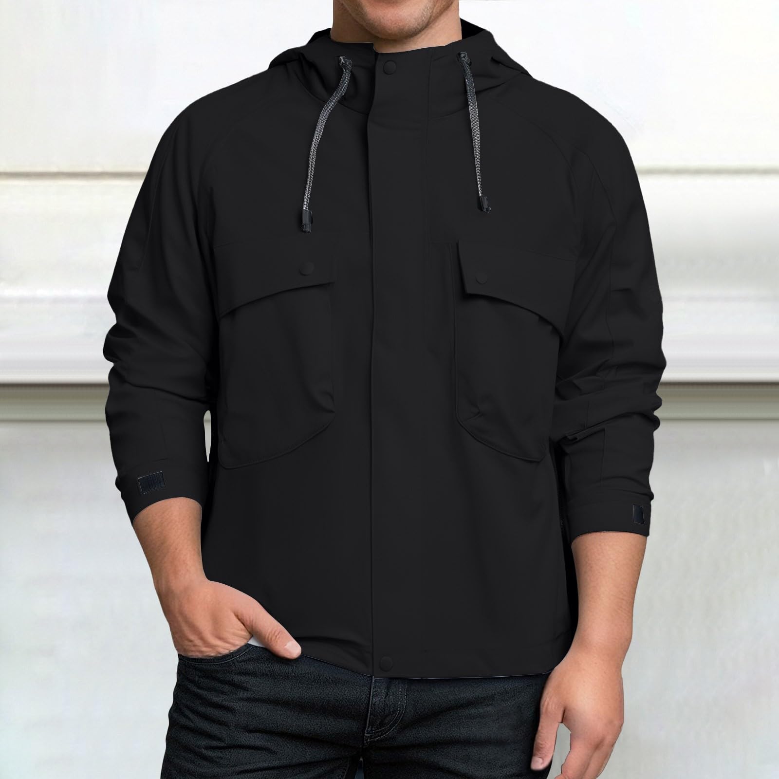 Generisch Giacca impermeabile da uomo, sottile, leggera, in softshell, con cappuccio, giacca a vento con tasche, tinta unita, per attività all'aperto, con coulisse, per il tempo libero, traspirante