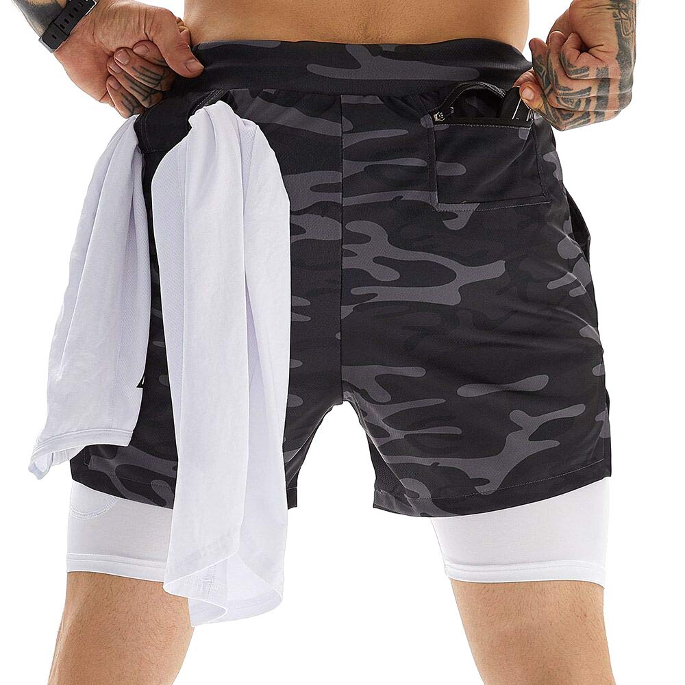 OEBLD Mens Athletic Shorts 2-in-1 Gym Workout Running 7 Shorts with Towel Loop