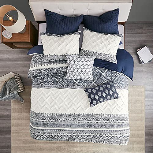 Image of Ink+Ivy Queen Comforter Set, Chic Chevron Chenille Tufting Accent, Boho Comforters, All Season, Lightweight Cotton Comforter Bedding, 2 Shams, Mila, Full Navy 3 Piece