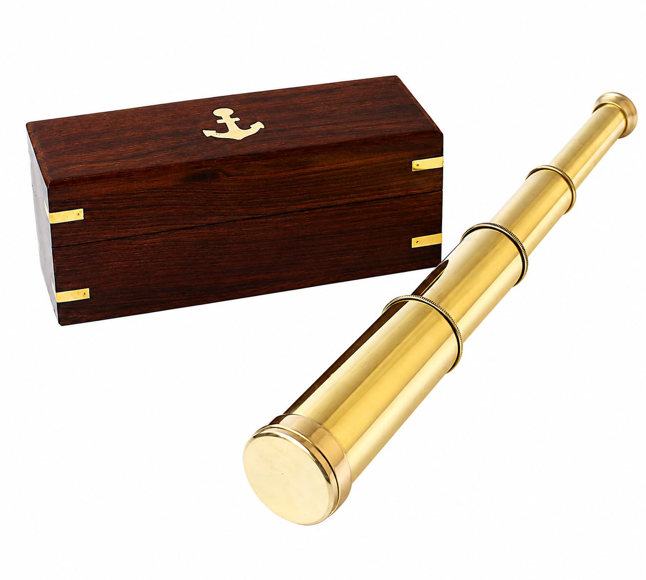 14" Handheld Nautical Three Fold Brass Telescope Maritime Wooden Box Navigation