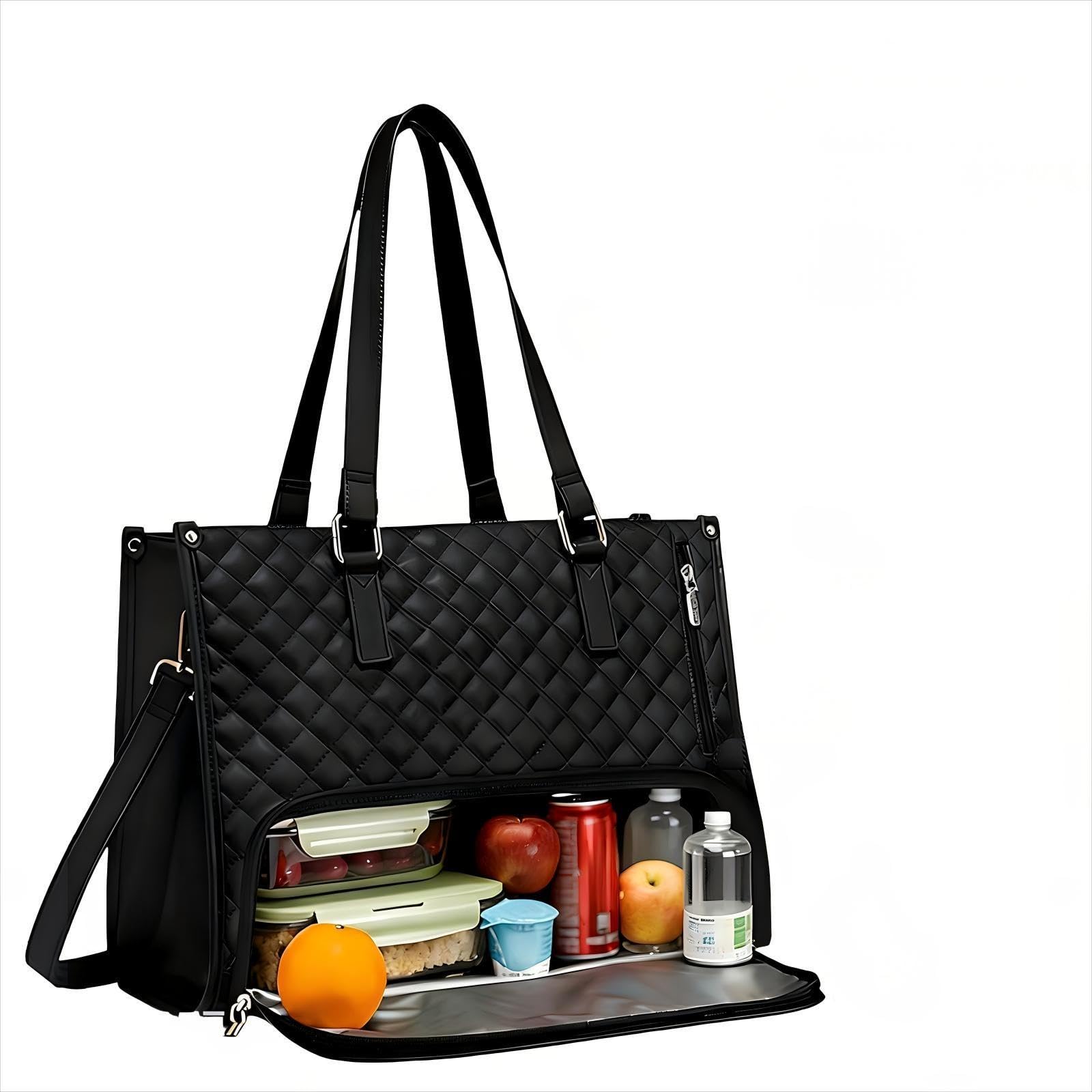 Borsa Pranzo Donna 15,6 Pollici con Vano Termico, Borsa da Lavoro 2-in-1 per PC Portatile con Scomparto Isolato per il Pranzo, Tracolla Regolabile Lunga Nero