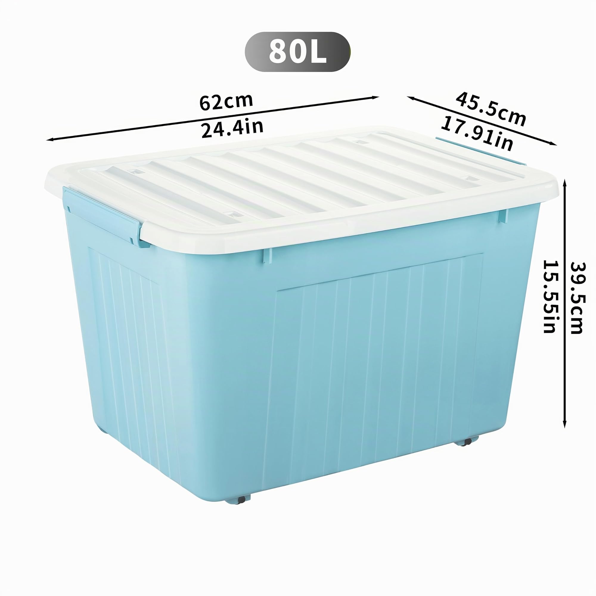 Cetomo 80L*4 Boîtes de Rangement avec Couvercles, Boîte de Rangement en Plastique avec Clips et Roulettes, Empilables, Encastrables, pour Placard de Bureau à Domicile, Bleu, 80L, Lot de 4