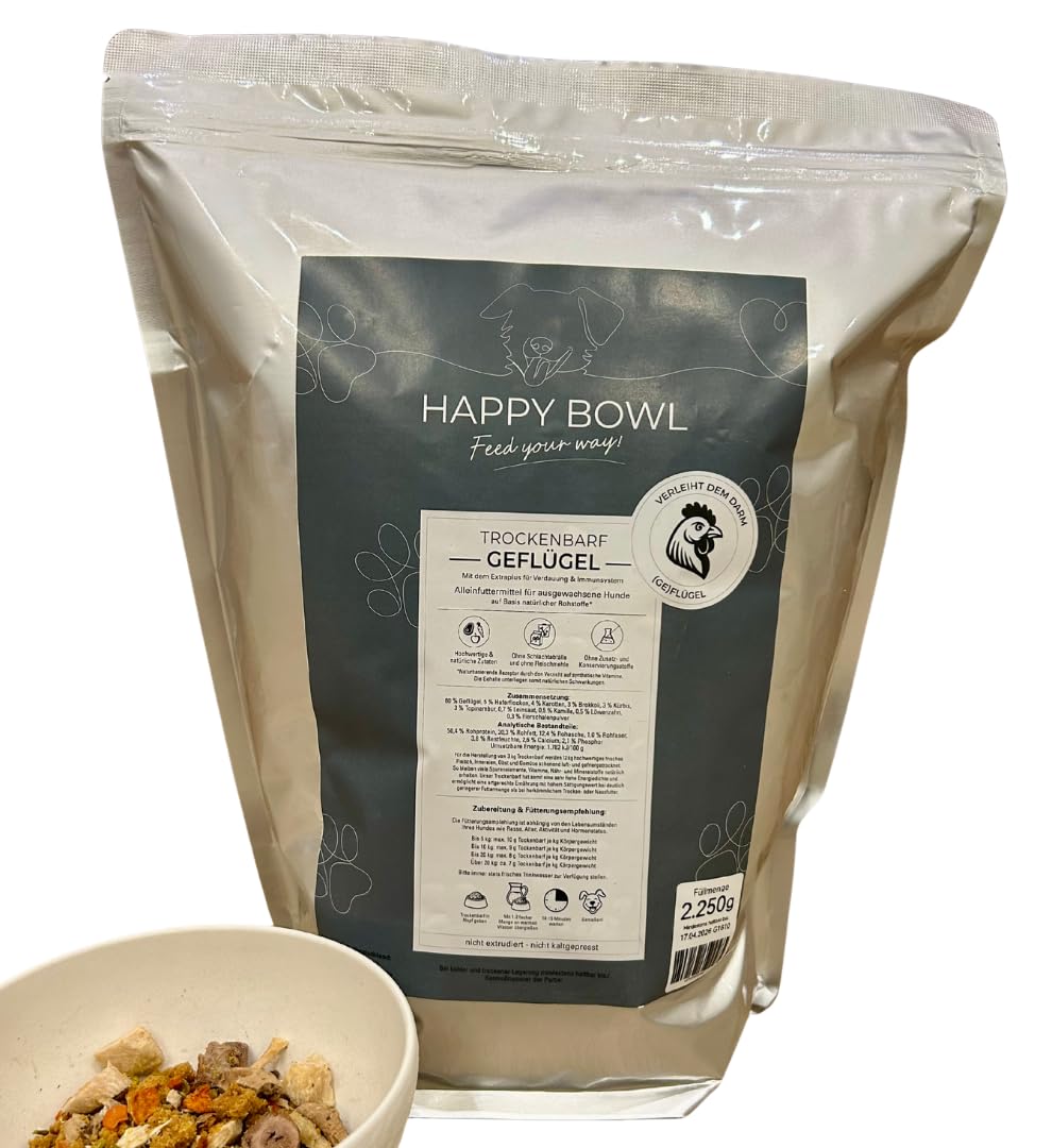 Happy Bowl - Trockenbarf Geflügel - Alleinfuttermittel für Hunde auf Basis natürlicher Inhaltsstoffe - Trockenfutter, Nassfutter oder Barf-Ersatz (2250g (1er Pack))