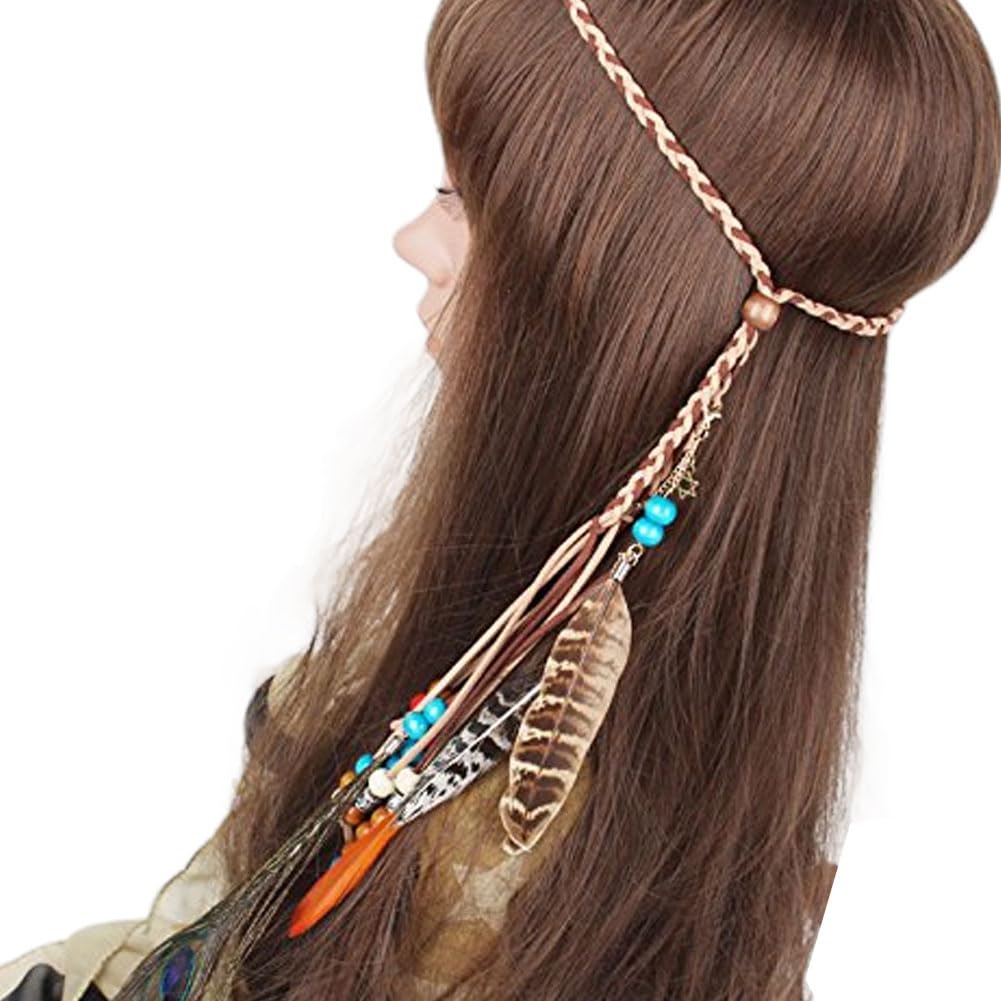Zhiheng Indian Feather Headdress Necklace Waistband Peacock Hippie Headband Boho Headwear Carnival Head Pieces Hair Accessories Masquerade Fancy Dress for Party Festival (Style 5 New) - Image 2
