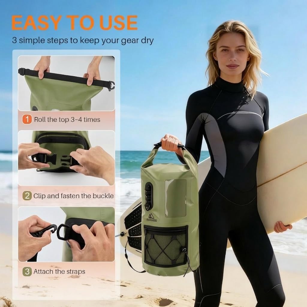 Waterproof Dry Bag 500D PVC Roll Top Dry Sack with 3 Carrying Ways, Lightweight Waterproof Bag for Kayaking, Swimming, Boating, Paddle Boarding, Hiking, Beach (Army Green, 27L)