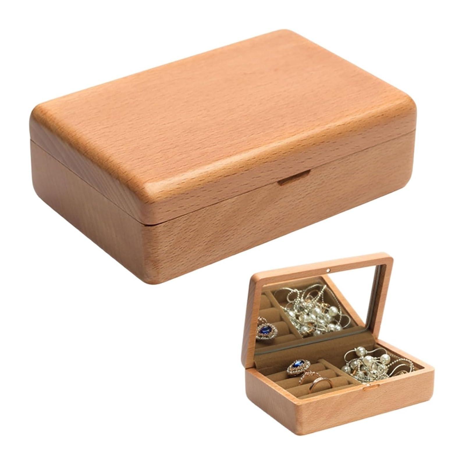 EAmrfvqt Jewellery Box, Portable Wooden Jewelry Box with Mirror, Gift for Her, Multicolor(Beech)