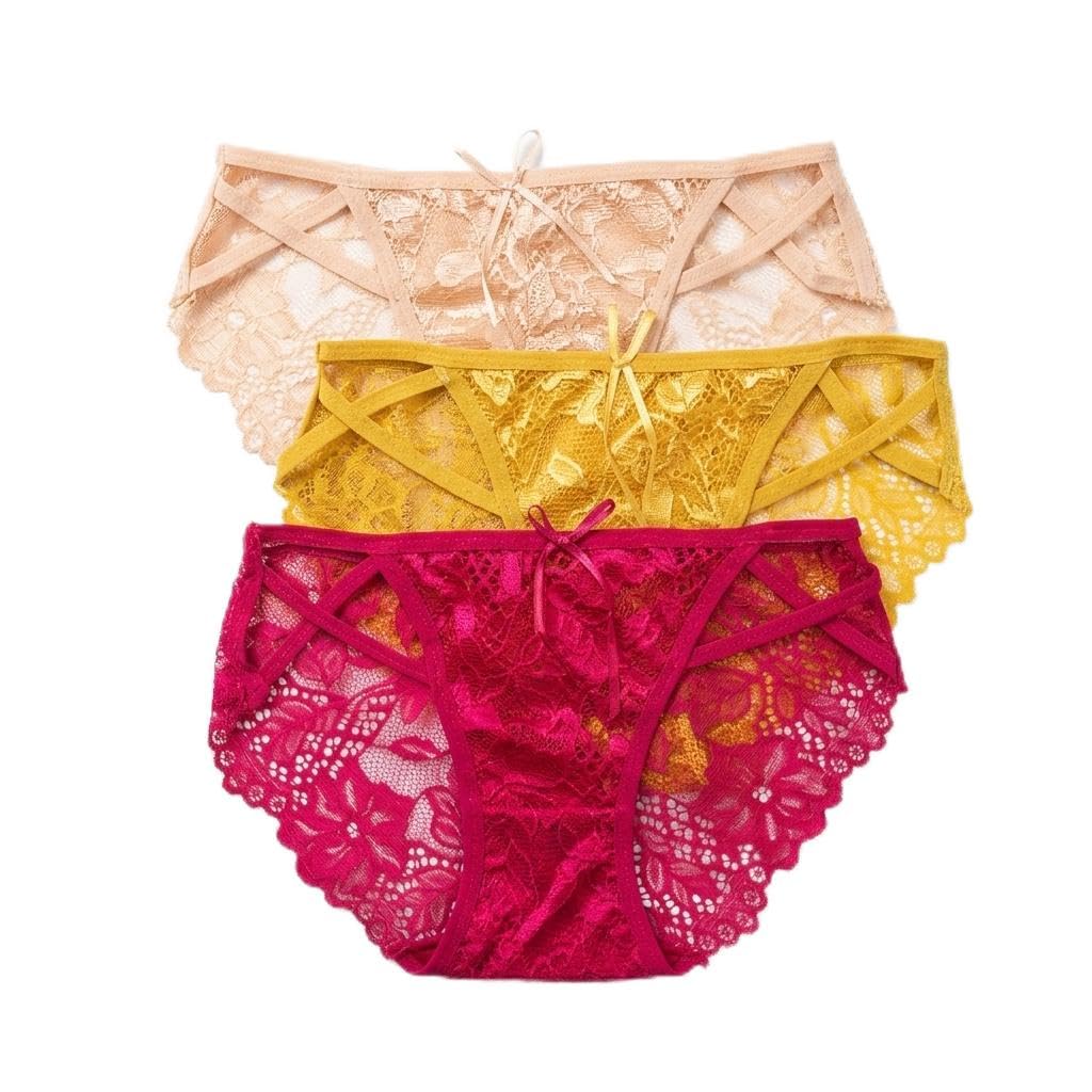Floral Lace Bikini - Pack of 3 - Rani Pink + Golden + Cream-image-18