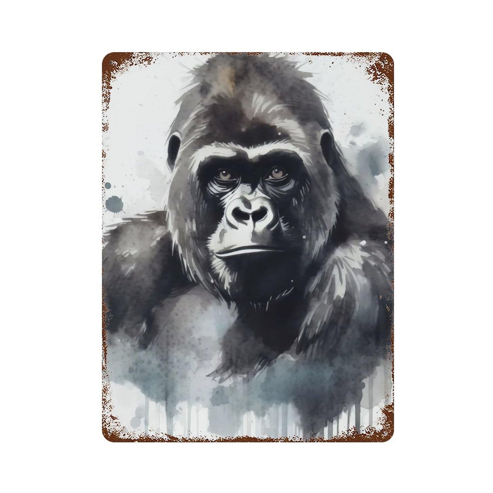 Aged Metal Wall Plaque with Watercolor Painted Gorilla Design 15.7"x11.8", for Basement, Hobby Room And Garage Decor, Farmhouse Wall Decor