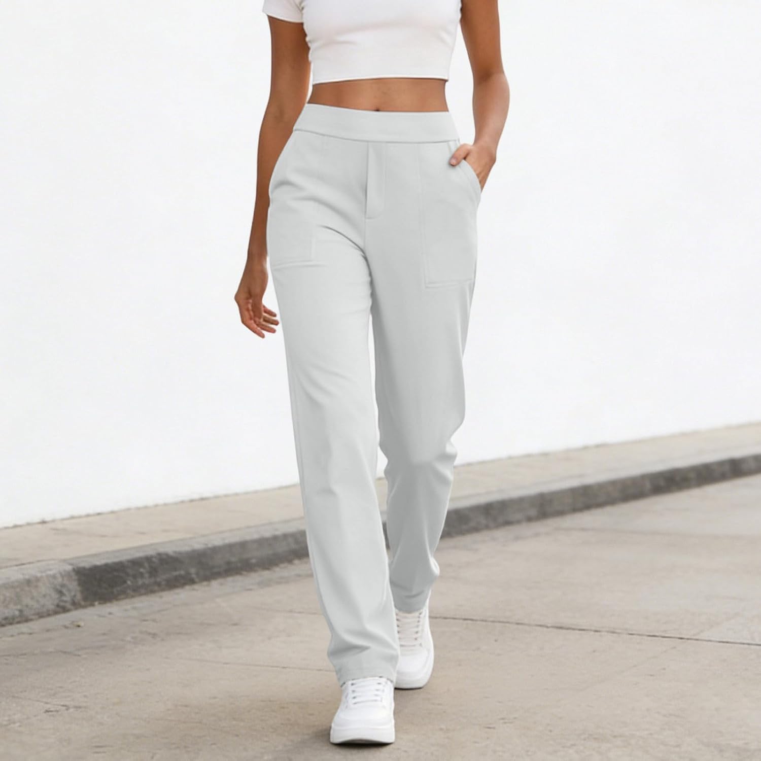 Womens High Waisted Stretchy Dress Work Pants Straight Leg Pull On Business Casual Loose Office Slacks with Pockets