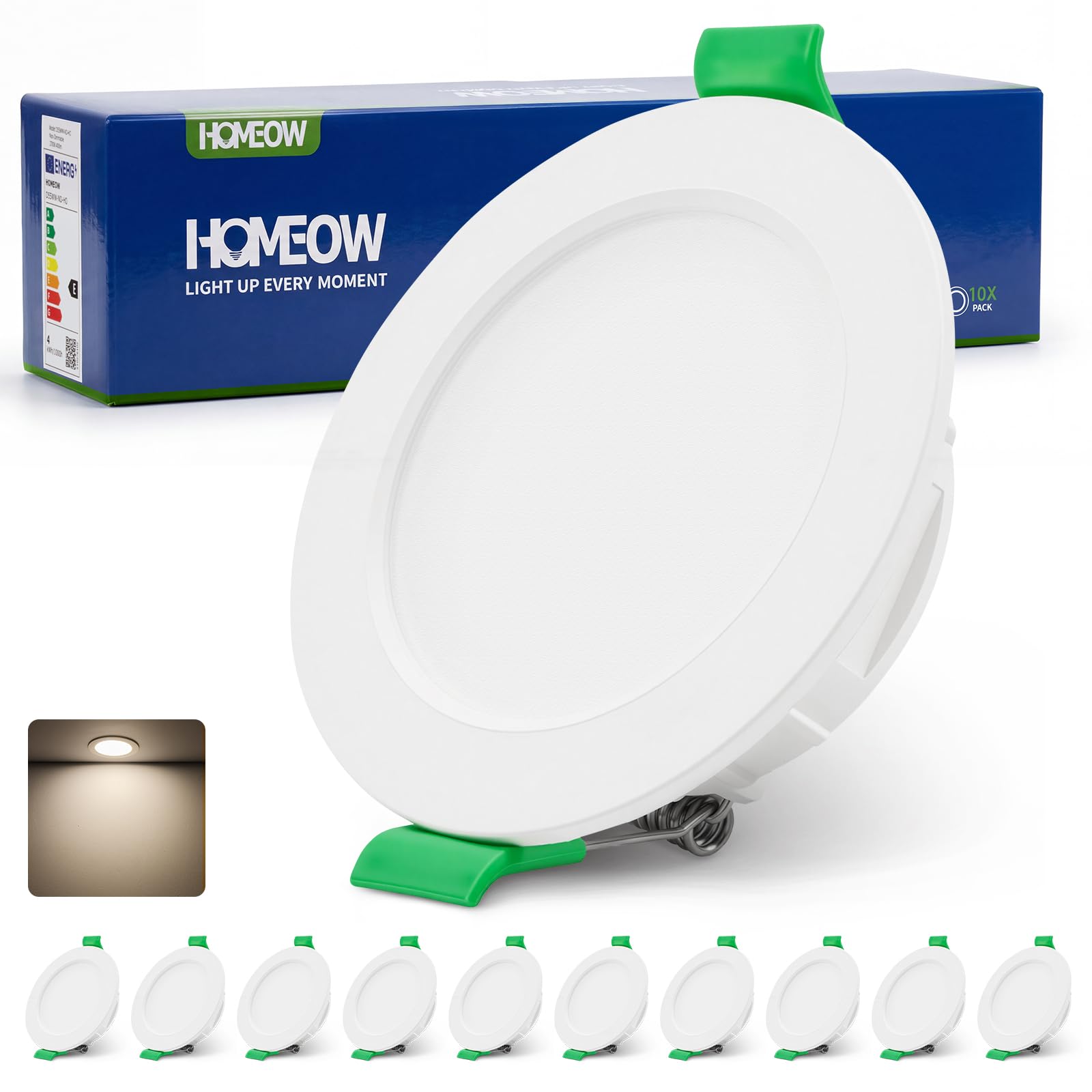 HOMEOW LED Einbaustrahler Spots 230V 55mm - 68mm Lochmaß 4W Flach Deckenspots für Bad, 60mm Einbauleuchten Naturweiß 4000K Einbauspots IP44 Wasserdicht für Feuchtraum Küche 10er Set