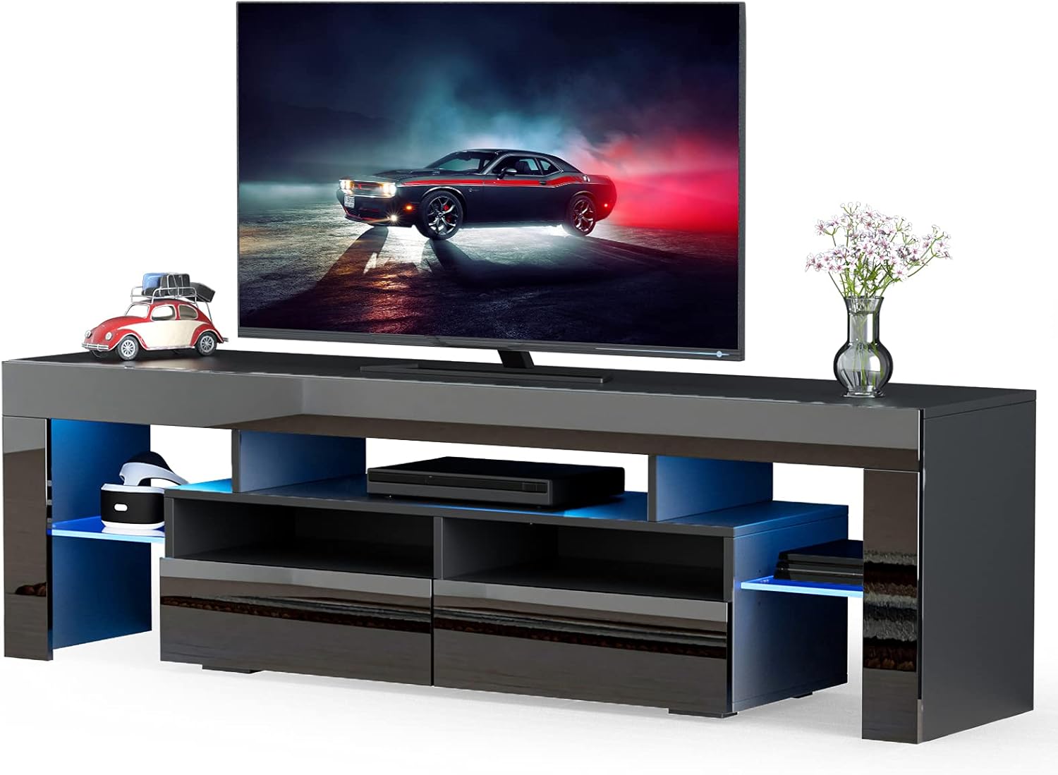 LED TV Stand for 60/65/70inch TVs, Modern Entertainment Center with Storage Drawers and LED Lights, High Glossy Entertainment Stand Light for Video Gaming Movies Home Decor (Black)