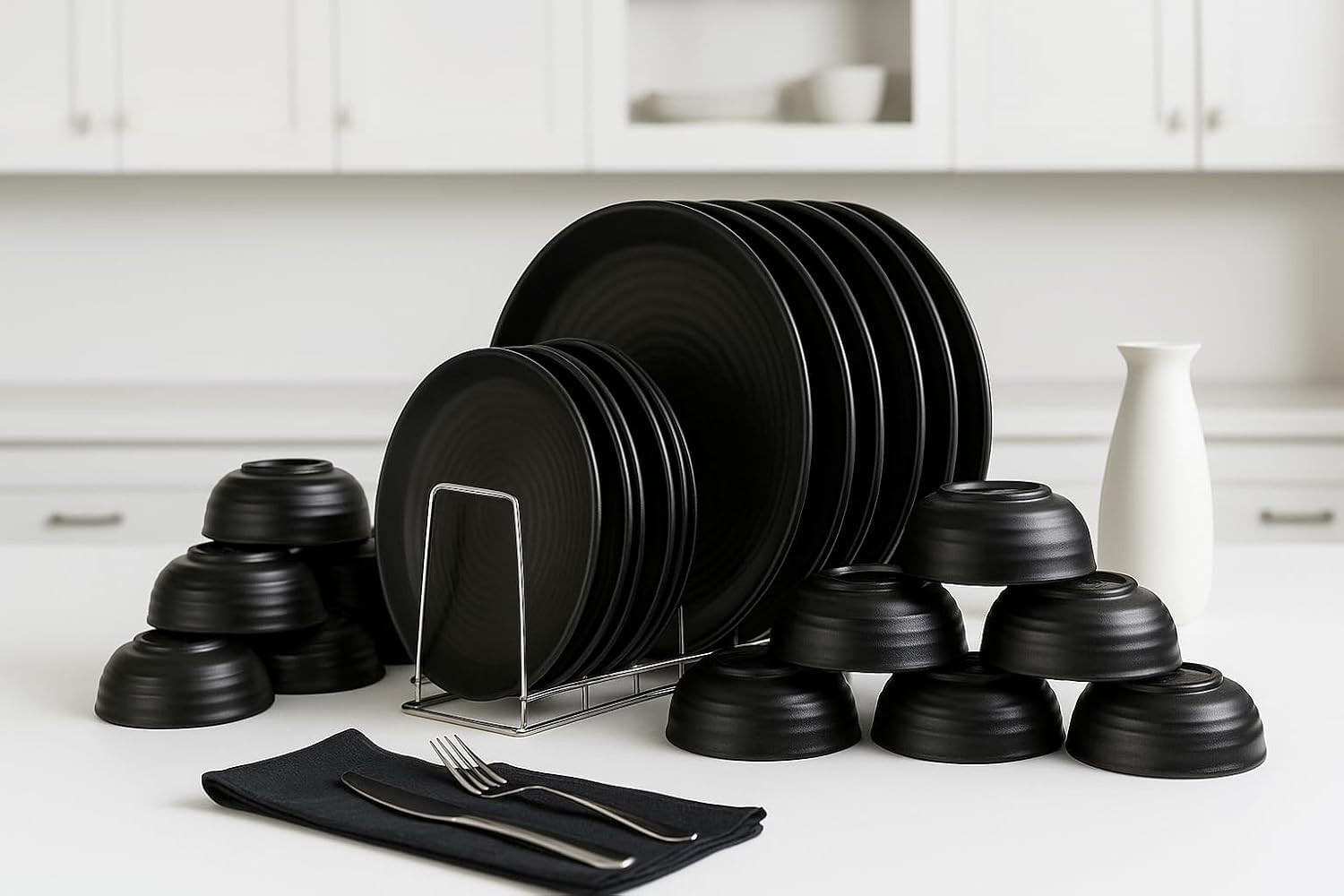 24 Pcs Dinner Set for Family – 6 Dinner Plates, 6 Snack Plates & 12 Bowls | Unbreakable Plastic Dinnerware Set | Dishwasher Safe, Lightweight & Durable Dining Set (Black)-image-41