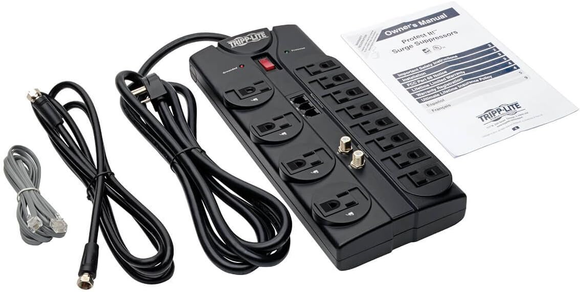 Tripp Lite TLP1208TELTV 12 Outlet Surge Protector Power Strip, 8ft Cord, Right-Angle Plug, Tel/Modem/Coax Protection, RJ11, & Dollar 150,000 Insurance Black : Electronics