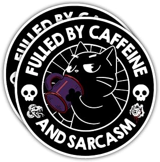 Fulled by Caffeine and Sarcasm Black Cat Sticker Pair Pack of 2 – Funny Kitty Coffee Vinyl Decals for Laptop, Water Bottle, Journal, Phone Case, Car & More