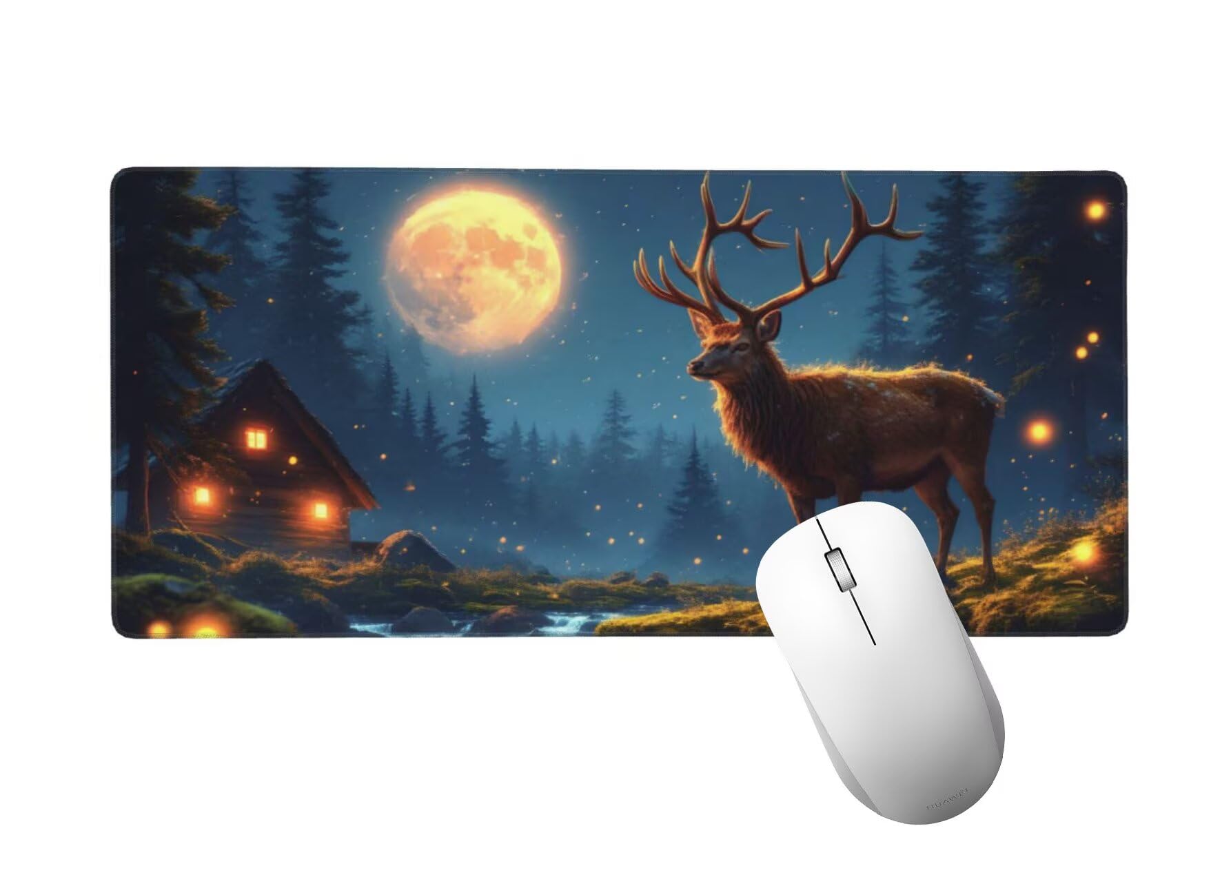 Podkładka pod mysz Księżyc XXL 1400 x 600 mm, duża podkładka pod mysz do gier biurowych z przeszytymi krawędziami i antypoślizgowym tyłem, podkładka pod mysz jeleń dla graczy do klawiatury i myszy