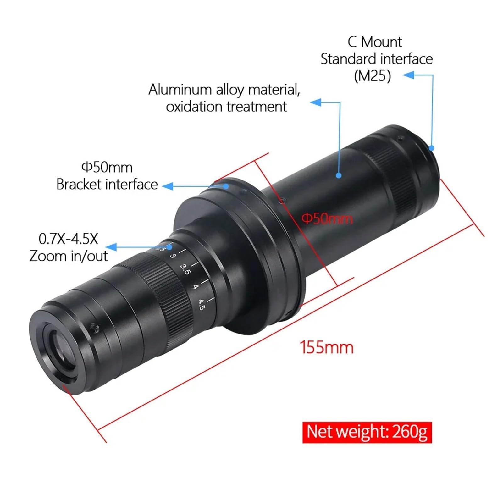 Einstellbare Vergrößerung 35X-215X Mikroskop Objektiv Durchmesser 50mm 0,7X-4,5X Optische Zooms C-Mount Typ Interface Konfokale for Kamera