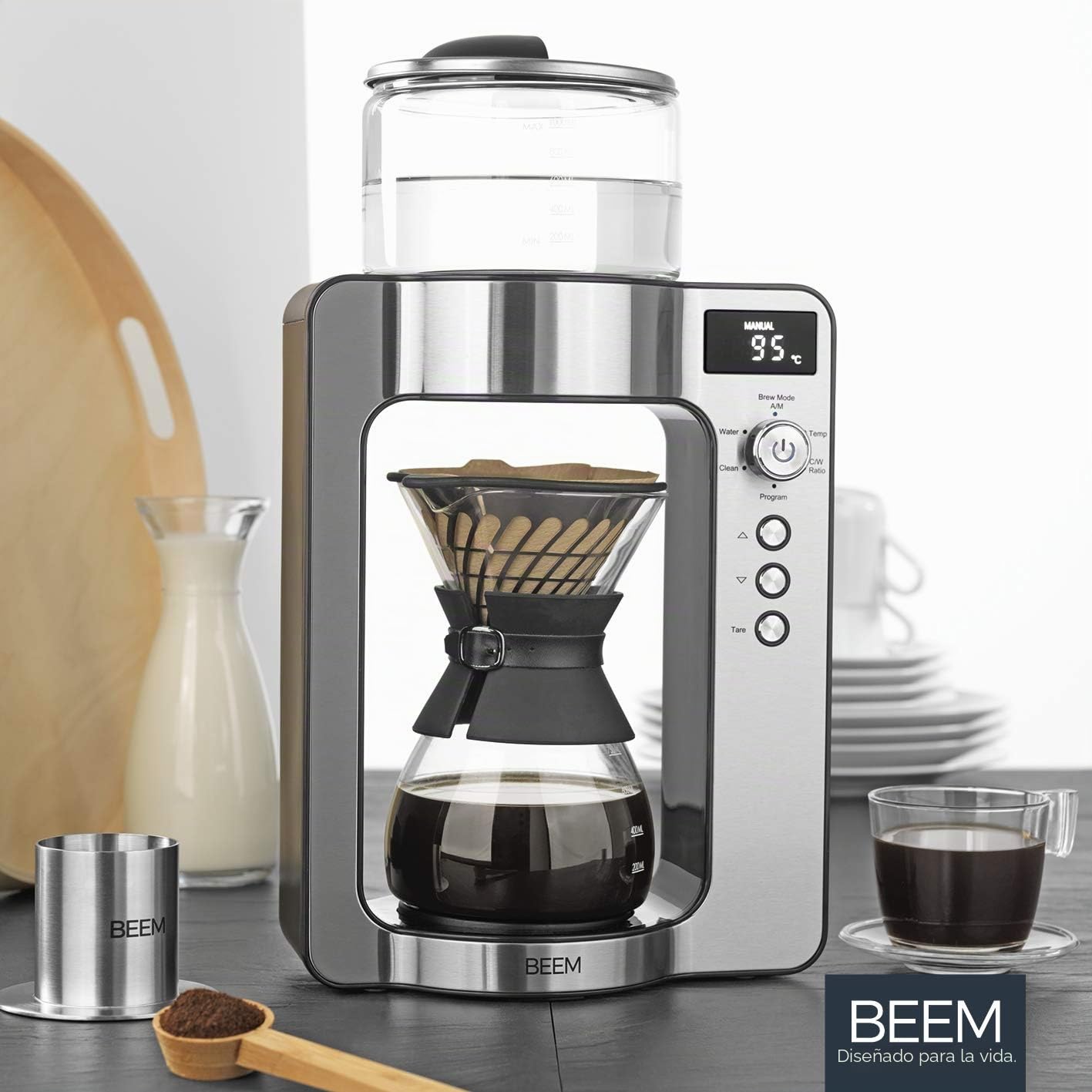 Beem Basic Selection Pour Over - Cafetera goteo con báscula de cristal, de acero inoxidable, jarra de café de 0,75 L, con principio de preparación directa, con cabezal giratorio