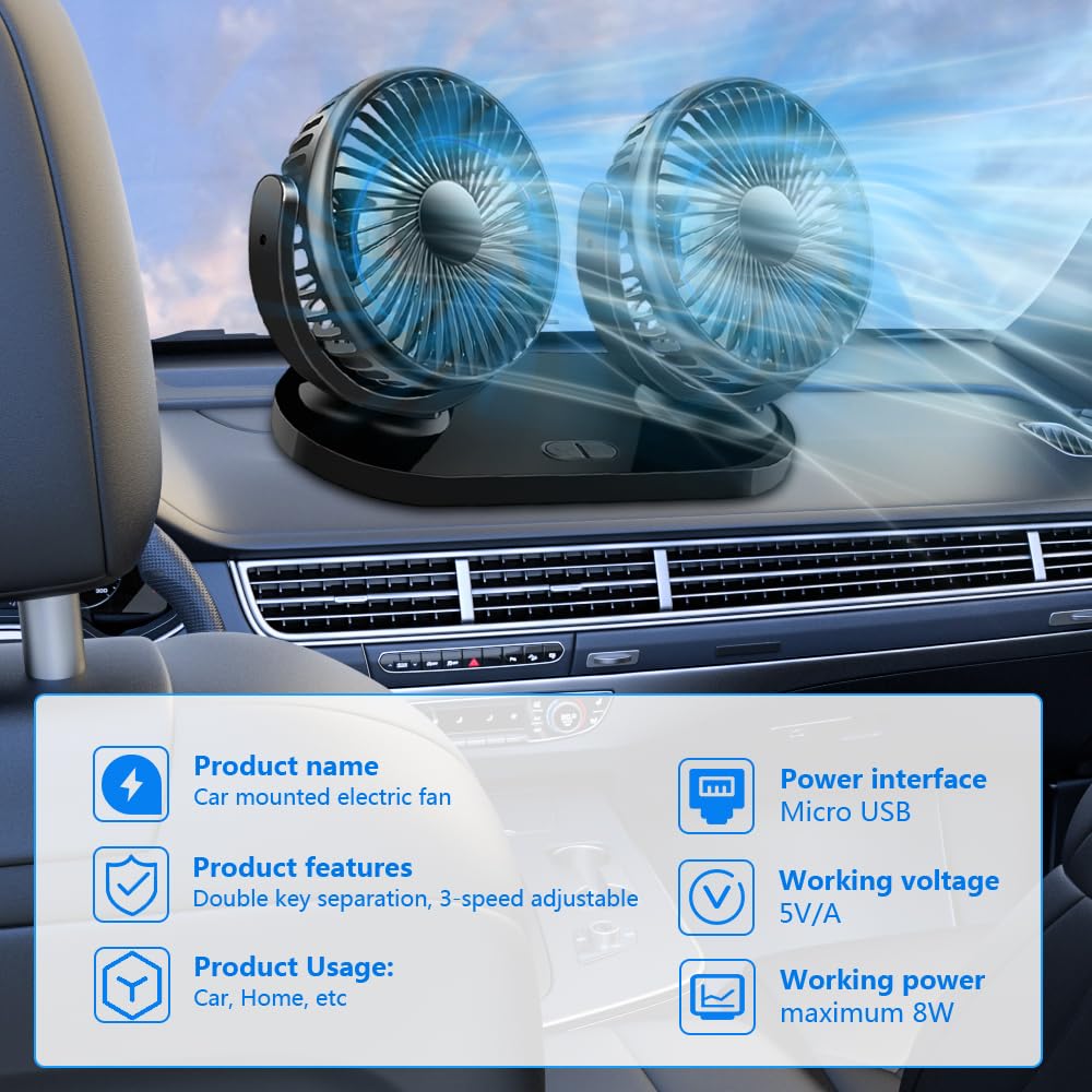 Ventilateur Voiture USB, 360° Rotative Double Tête Ventilateur de Voiture, Ventilateur Camping Car avec 3 Vitesses, Double Tête Ventilateur USB pour Voiture,Maison,Bureau,Camping