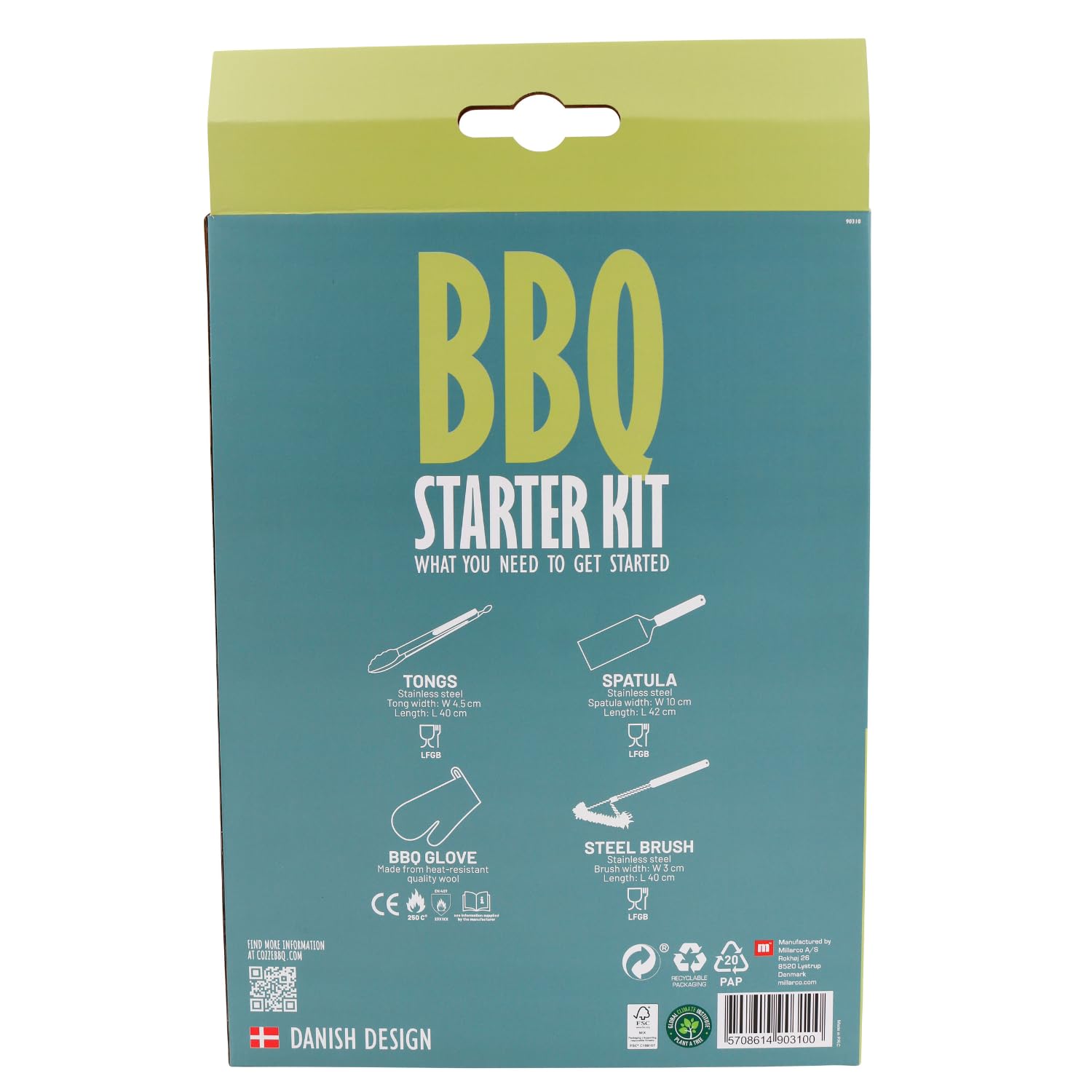 Cozze® Set di posate per barbecue, 4 pezzi, in acciaio inox, con pinza, paletta, spazzola per barbecue e guanto da barbecue, regalo di alta qualità per uomini e appassionati di barbecue, ideale per