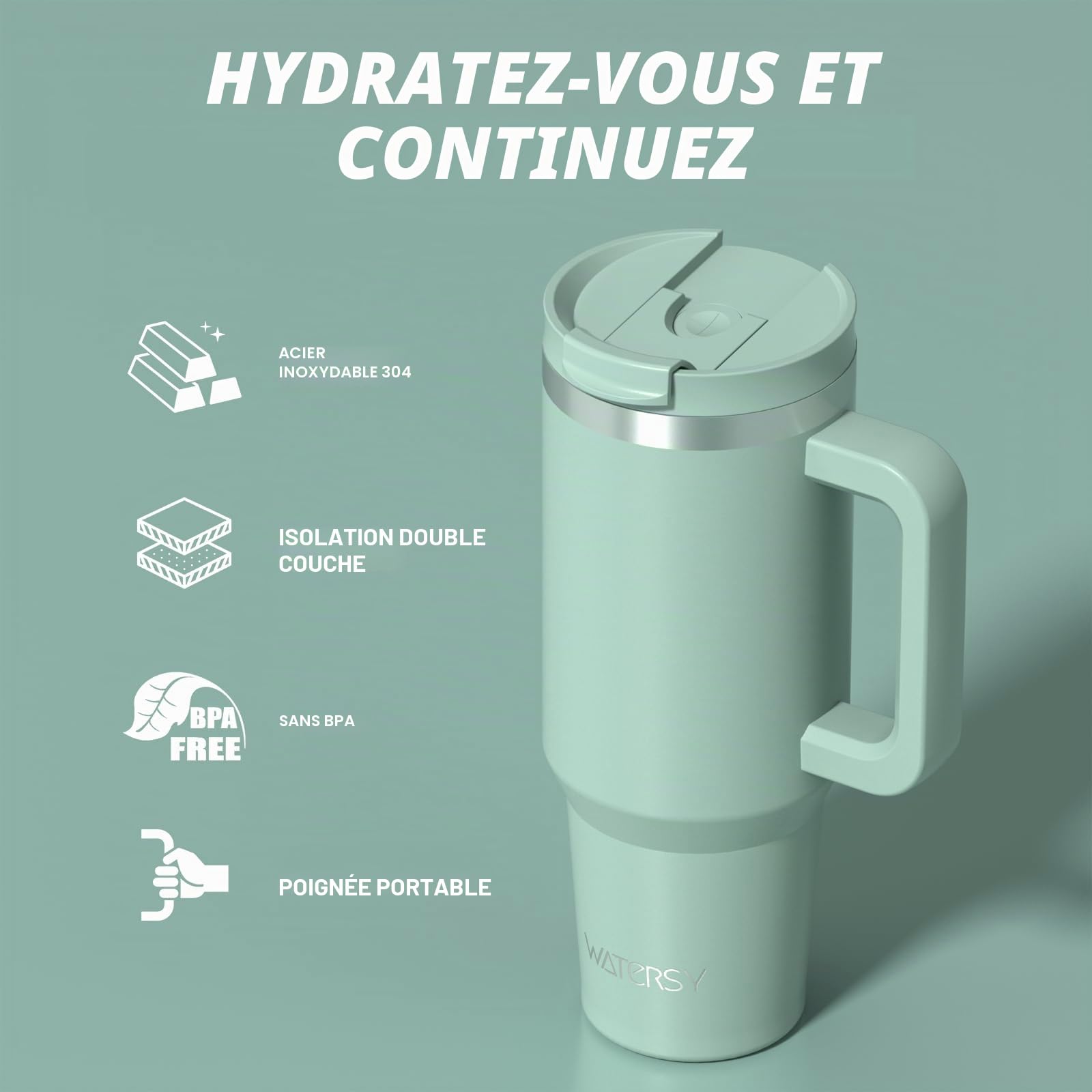 Watersy Bouteille Isotherme Inoxydable 1,2 L avec 2 Pailles, Gobelet à Café anti-Fuite, Isotherme Sous vide avec Couvercle à vis sans BPA, Gourde Rafraîchissante Pendant 12 Heures, Vert Rétro