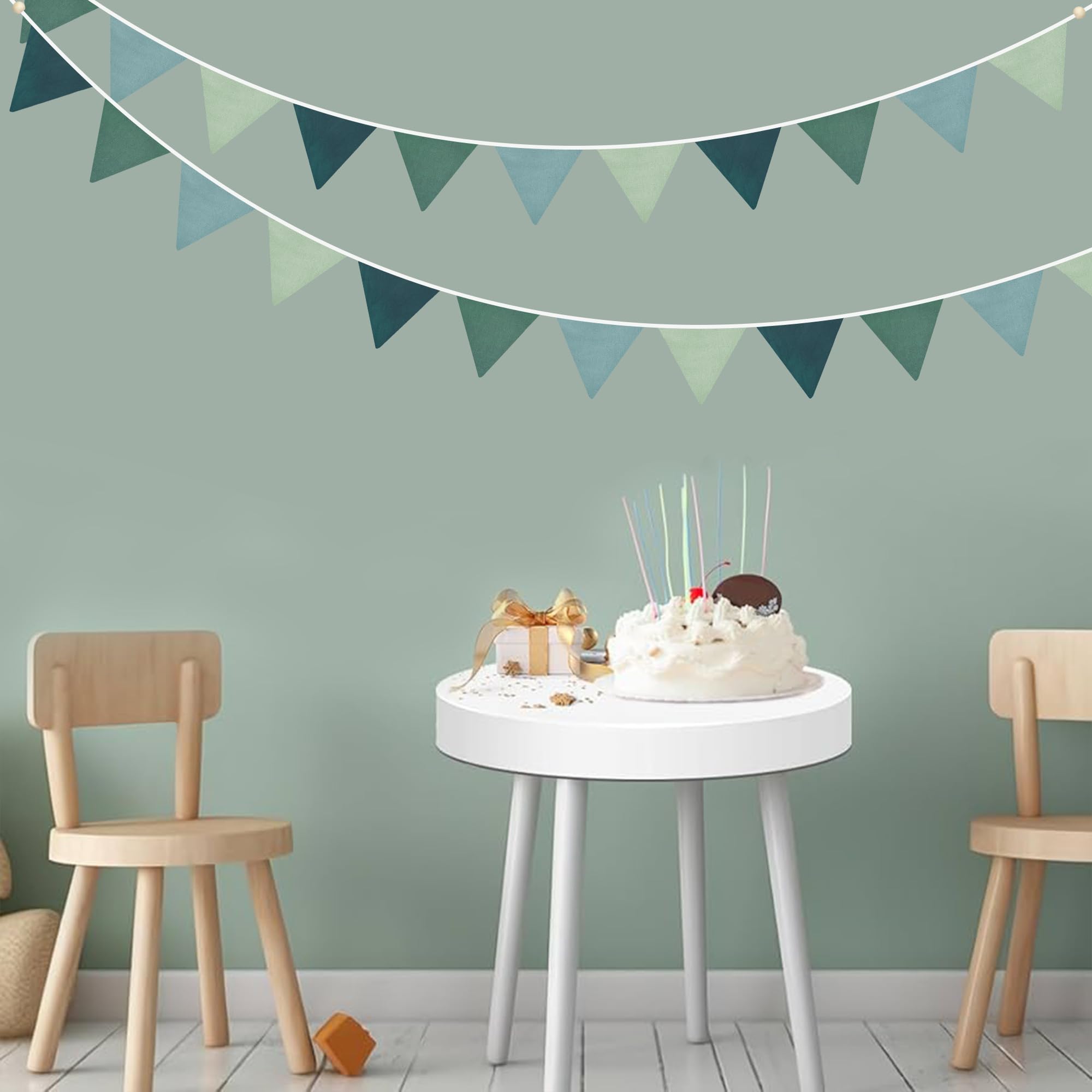 Wimpelkette mit Farbverlauf, dunkelgrün, 24 Stück, für Kinderzimmer, Girlande, Salbeigrün, Stoff, Leinen, Dreiecksschlangen für Babyzimmer, Dekoration, Kinder, Dschungel, Safari, Geburtstag,