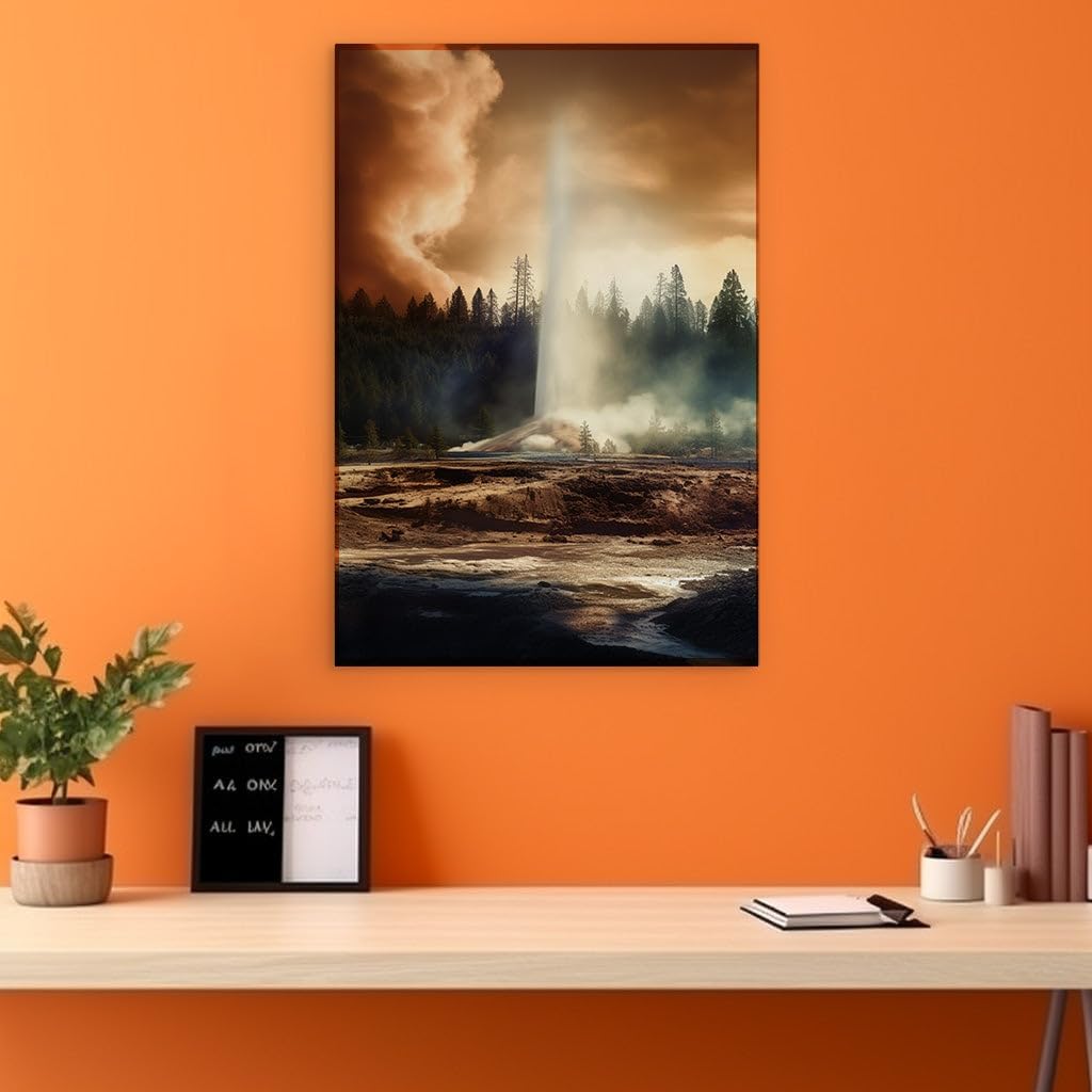 Canvas for Living Room. Erupting Geyser's Misty Ascend Among Forest Giants and River's Flow, 27 x 18 inch Canvas Wall Art - Modern Home Decor