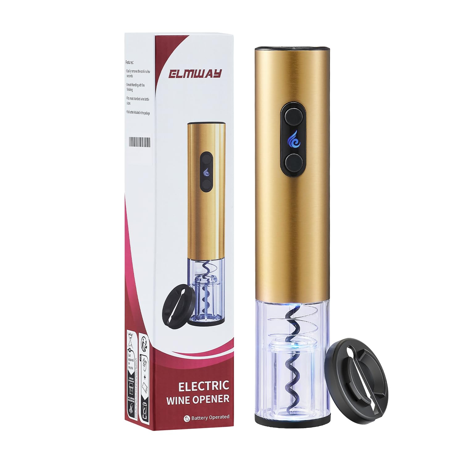 ELMWAY VinoLux Series Battery Electric Wine Opener – Electric Corkscrew, Foil Cutter, Dual LED Lights, Transparent Window & Brushed Stainless Steel Shell, 4 AA Batteries Required – Gold — image 1