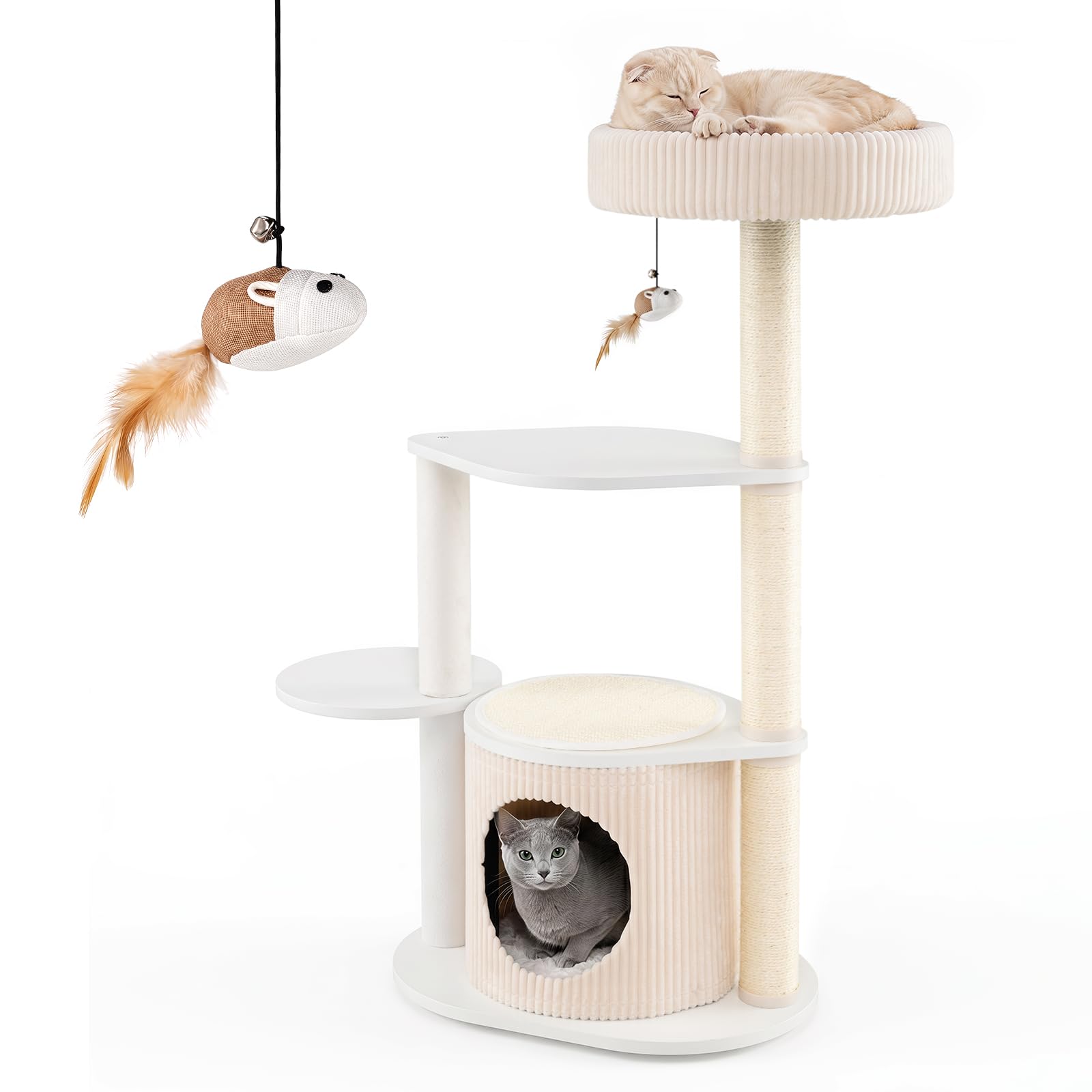 COSTWAY 105 cm Árbol Rascador para Gatos con Postes Rascadores de Sisal | Torre de Juegos Multinivel con Casita, Percha Mullida y Juguete en Forma de Ratón, Centro de Actividades para Varios Gatitos
