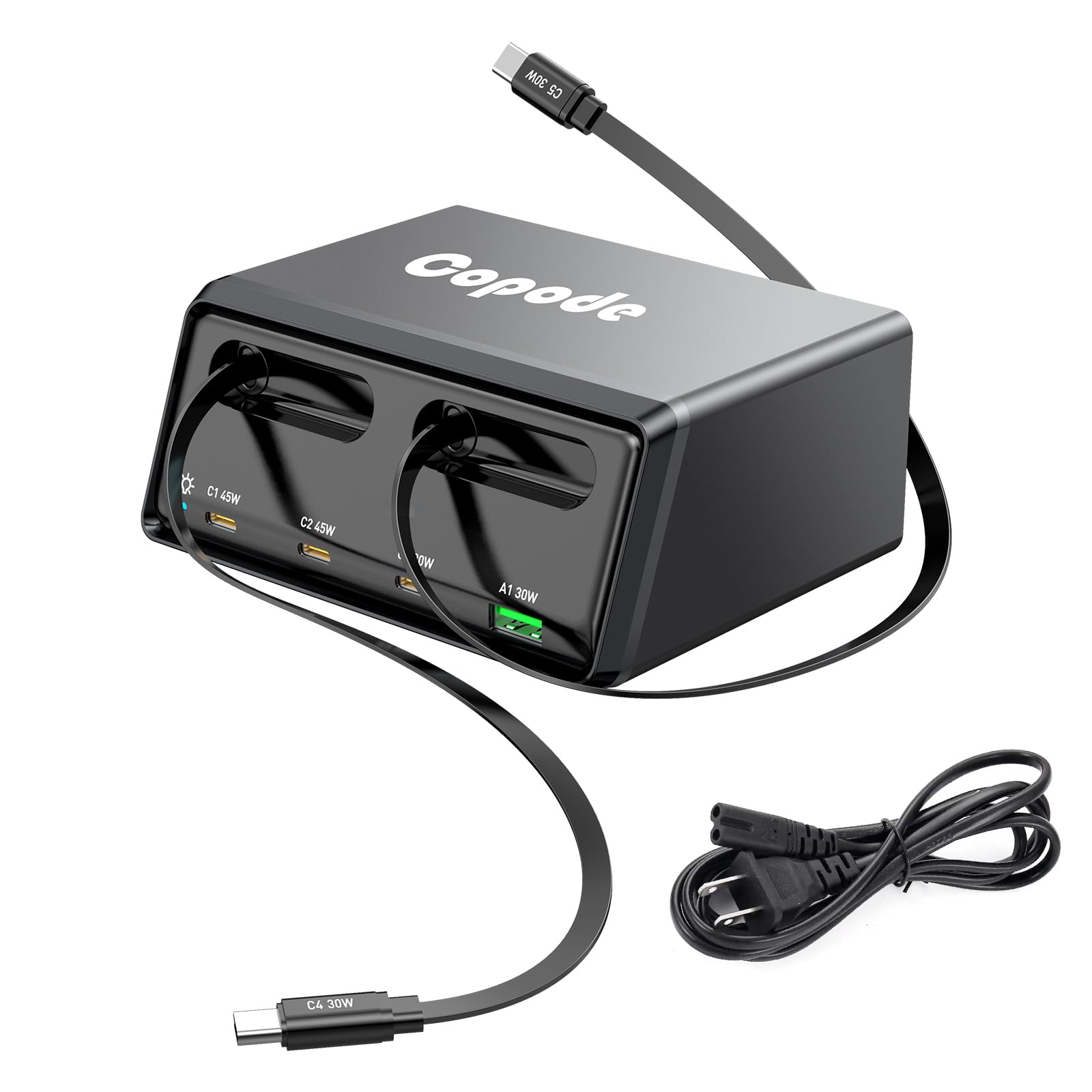 Photo 1 of 6-in-1 Retractable Charger for Multiple Devices,150W GaN USB C Charging Station with Dual Retractable Cables Compatible with iPhone 17/16,iPad,MacBook and More-Desktop Charger for Home,Office(Black)