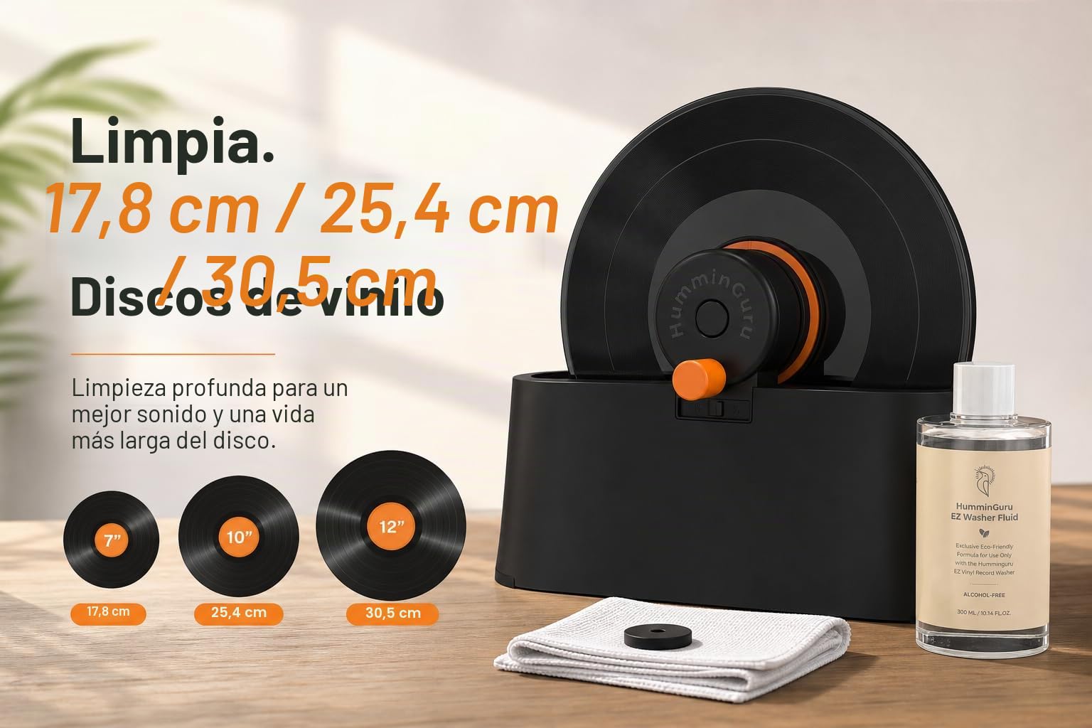 HumminGuru EZ Lavadora de Discos, Máquina Limpiadora Manual de Discos de Vinilo con Rotación LP sin Esfuerzo y Abrazadera segura,Kit de Limpieza de Discos con Cepillos,Líquido,Soporte de Secado & Paño