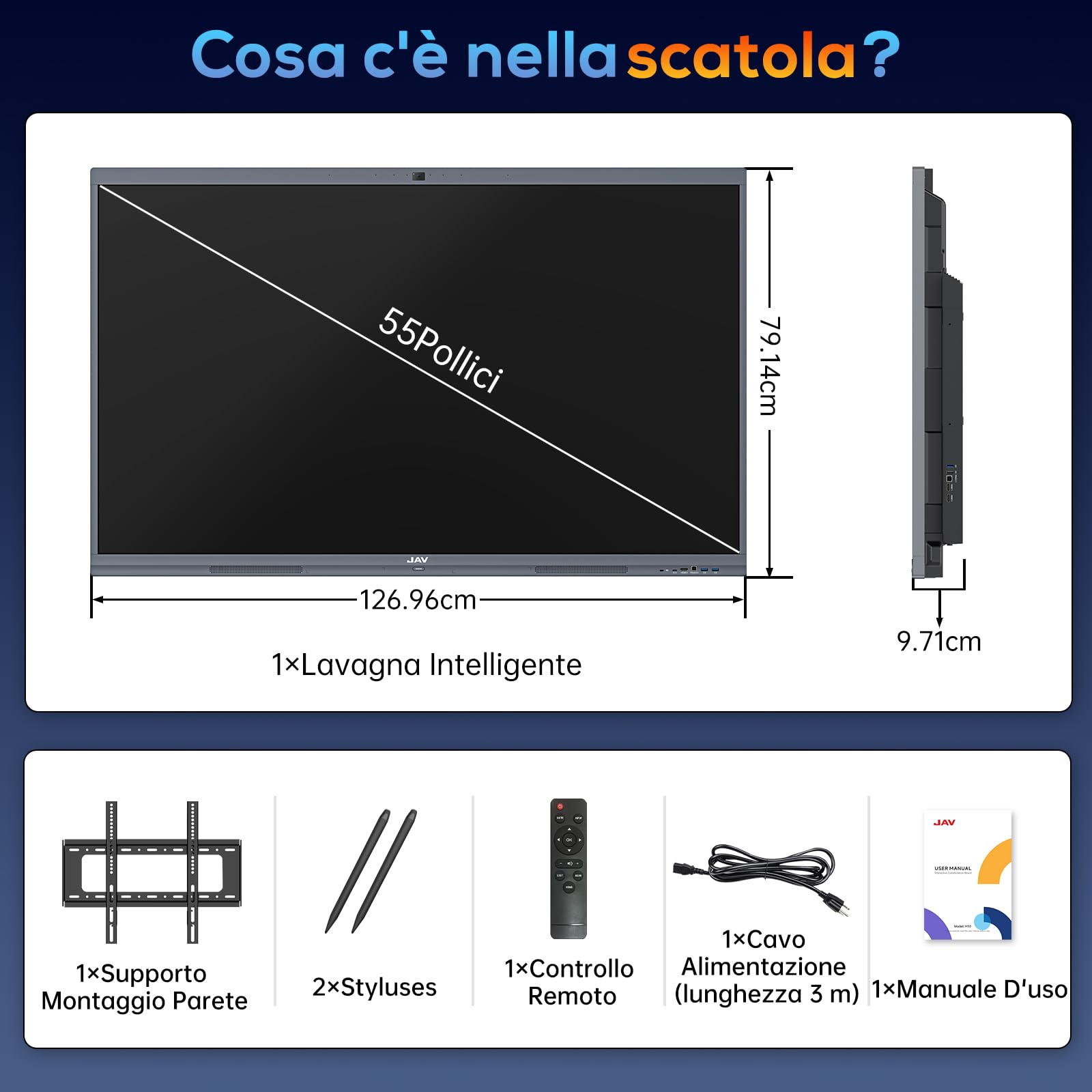 JAV Smart Board 55 Pollici Android 14 Certificazione Google EDLA | 4K UHD Touchscreen 8+128GB Telecamera AI 48MP Integrata Doppio Sistema Lavagna Interattiva Digitale per Ufficio Aula