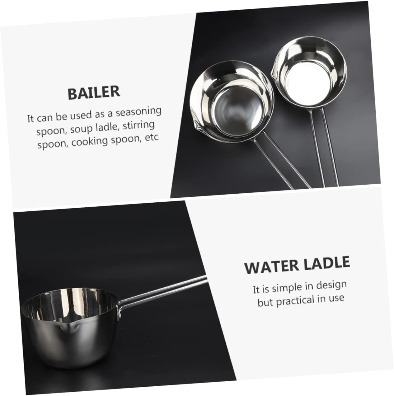 2 pcs Long Handle Water Ladle with Pour Spout Stainless Steel Kitchen Spoon for Soup Soybean Milk and Gardening for Cooking and Watering Plants