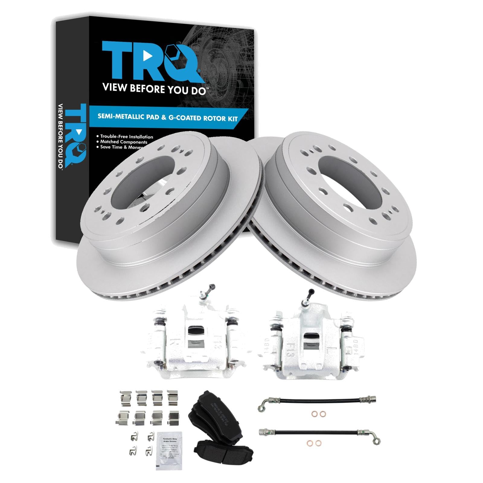 TRQ Rear Brake Pad and Rotor Set Semi Metallic Coated Rotors Calipers Compatible with 2010-2014 Toyota FJ Cruiser