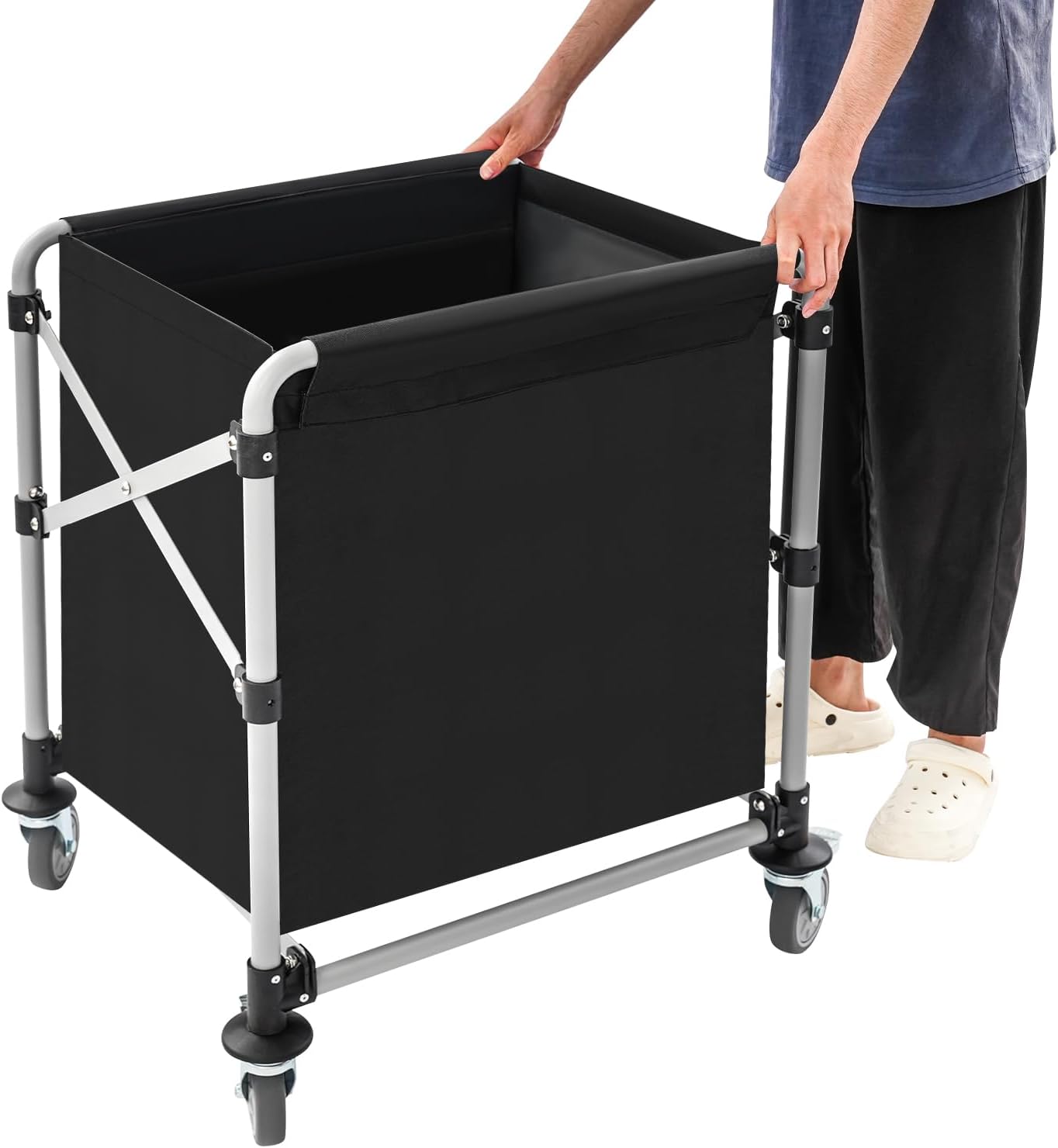 Commercial Laundry Cart, Collapsible Laundry Basket with Swivel Casters, 220Lbs Capacity X-Cart with Waterproof Oxford Cloth, for Laundries, Hotel, Home, Apartment (Black, 24" x 20" x 24")