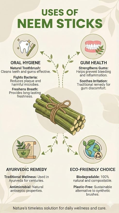 Image of Organic Neem Datun(Moti Datun) Organic Manual Toothbrush Nim Tree Twigs Chew Sticks For Brushing Teeth Removes Bad Breath, Toothpaste (Pack of 10)