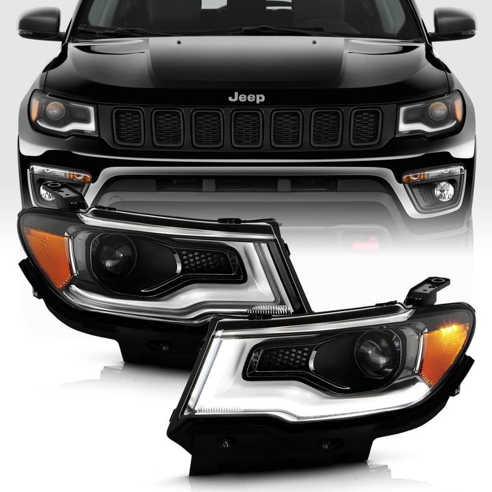 Compatible with Halogen w/o LED DRL Type 2017-2021 Jeep Compass Upgrade Style Projector Headlights Headlamps Left+Right