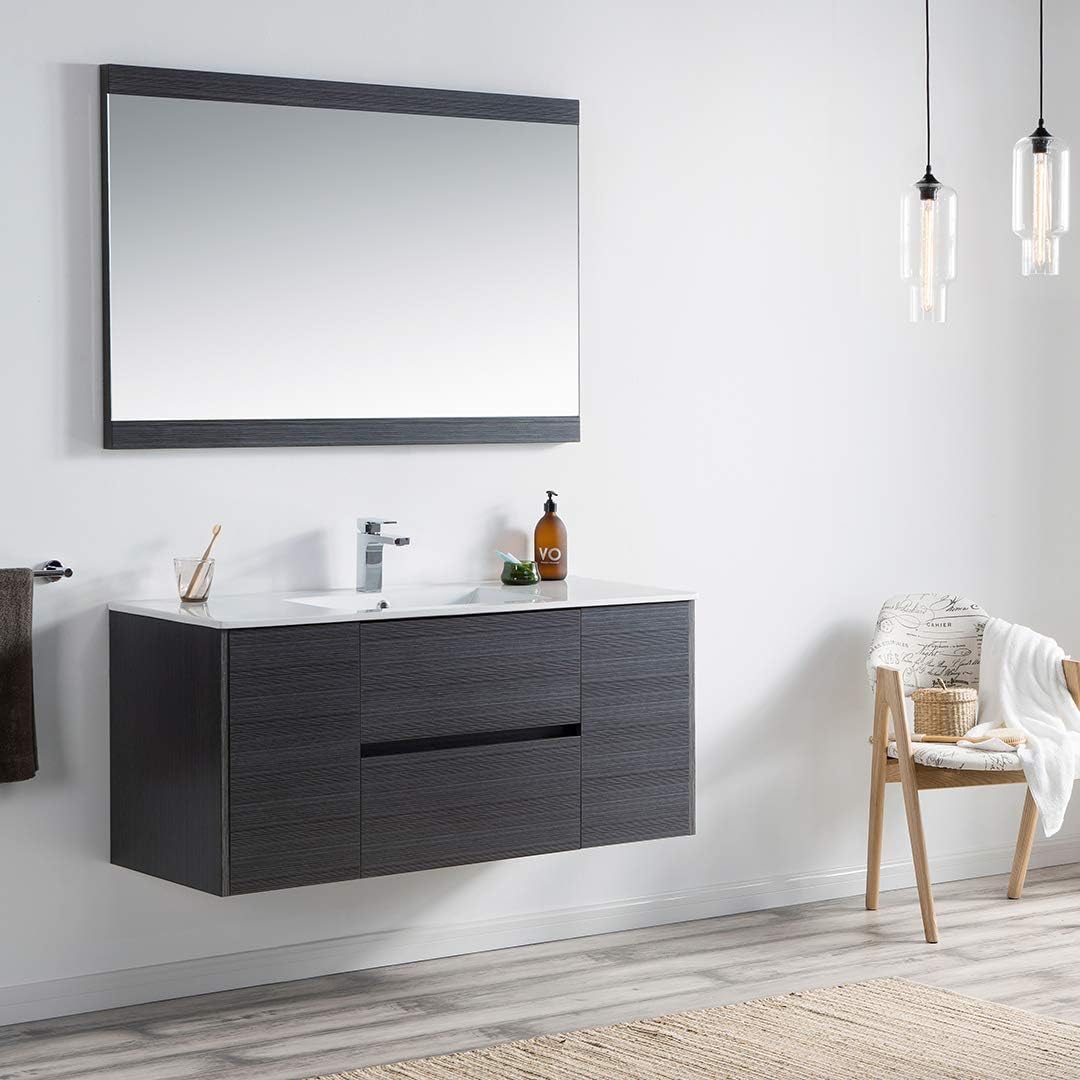 Blossom 48 Inch Floating Bathroom Vanity with Ceramic Sink - Modern Wall Mounted All-Wood Cabinet - 5-Layer Moisture Proof Finish - Pre-Assembled Silver Grey - Soft Close U-Shaped Drawers