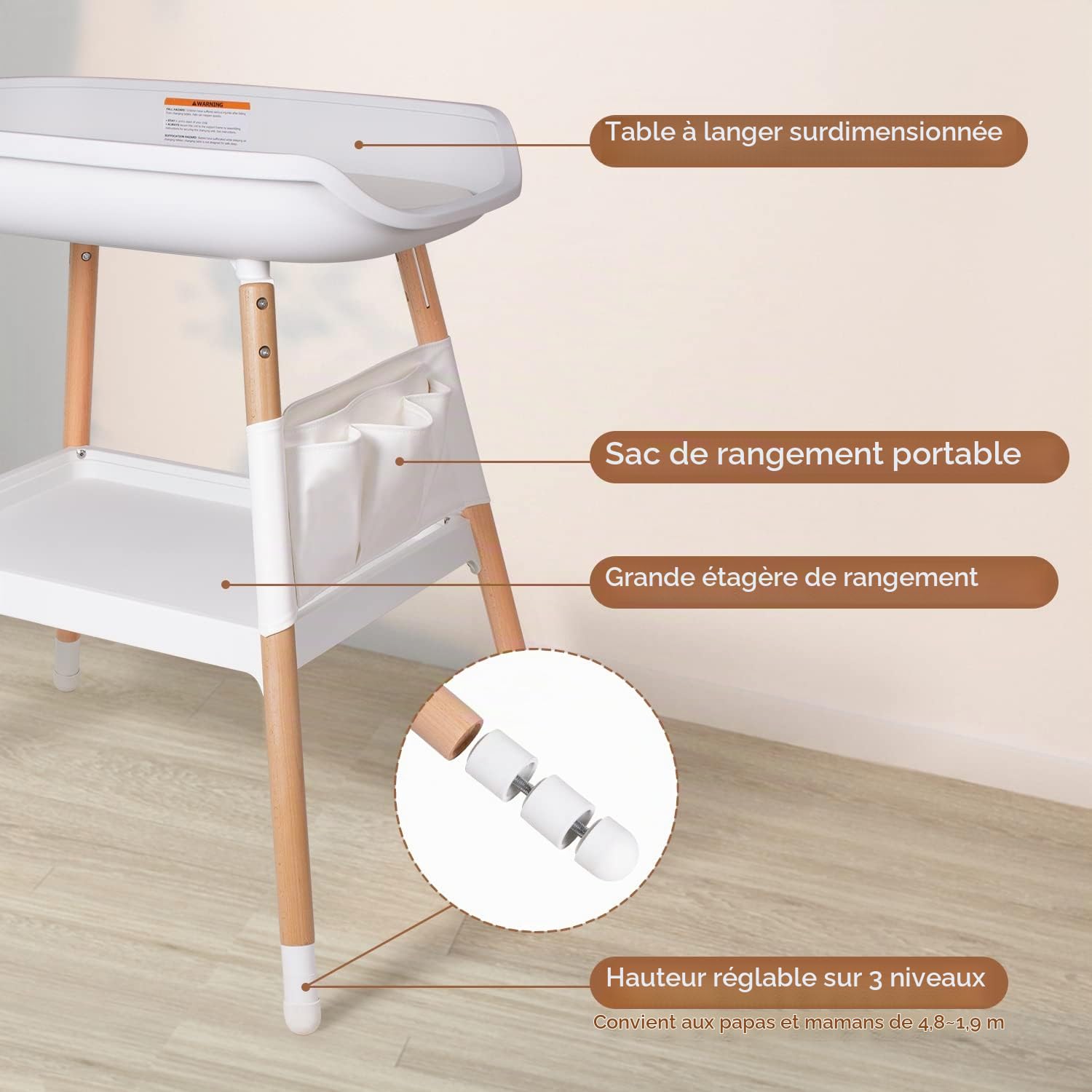Beberoad Table à Langer Avec Grand Rangement et Sac Étanche, Blanc | Réglable en Hauteur, Coussinet Souple, Charge Max 25KG