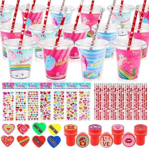 Advoxa Valentines Day Gifts for Kids - 28 Packs Valentines Stationery with Cards and Cups, Valentines Gift Exchange Classroom Prize Rewards Party Favors Toys